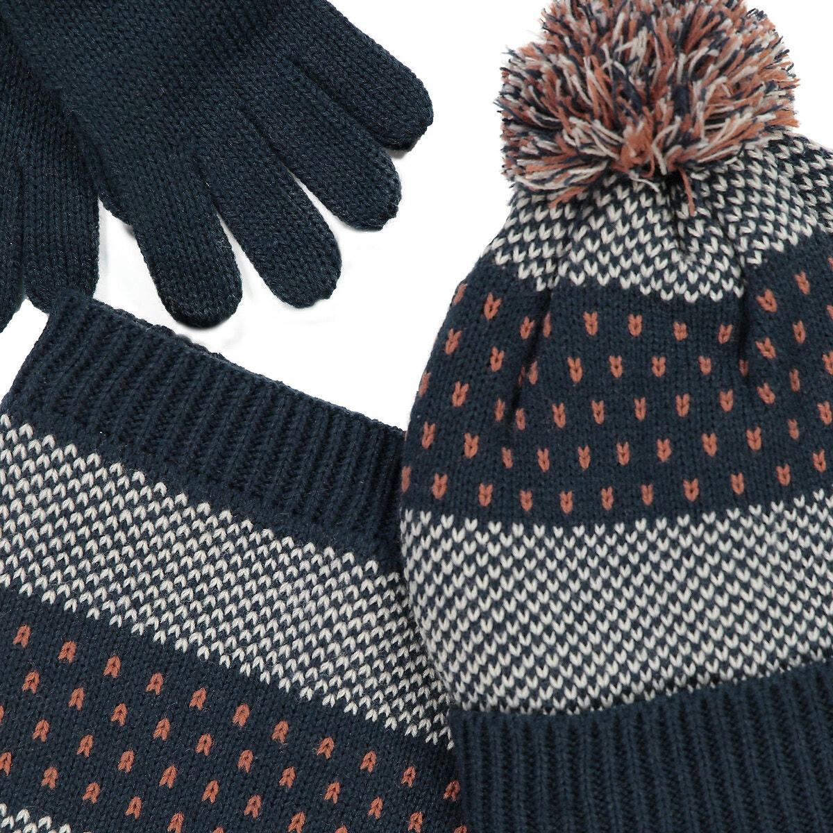 Ensemble bonnet à pompon + snood + gants