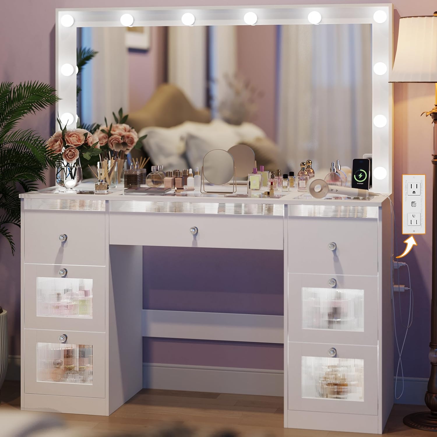 Vanity Desk with Mirror and Lights 3 Colors, Glass Top Vanity with 7 Lighted Drawers & Power Outlet, Makeup Desk with Mirror for Women, Dressing Table for Bedroom, White