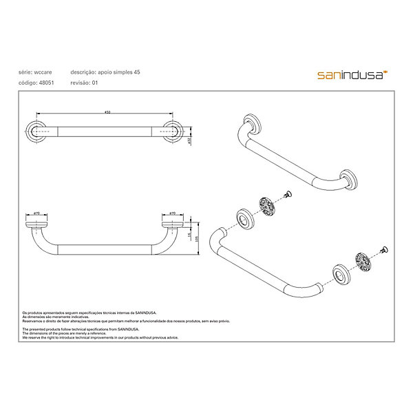 Barre de relèvement et appui murale PMR normes handicapé SANINDUSA WcCare 45 blanc