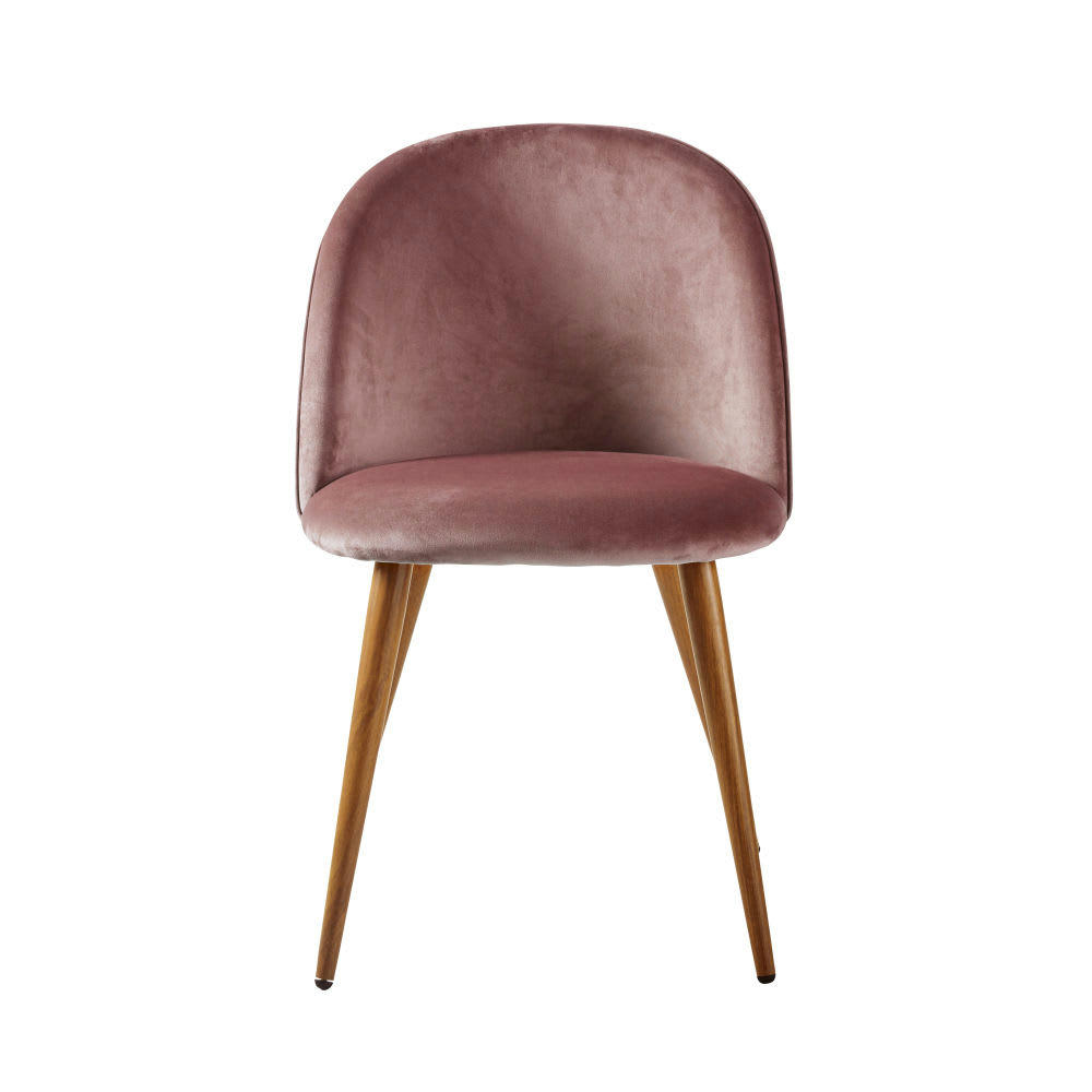 Mauricette - Chaise vintage en velours vieux rose et métal imitation chêne