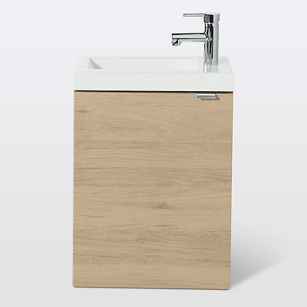 Meuble lave mains suspendu effet chêne l.44 cm Imandra   plan vasque blanc résine Beni, GoodHome