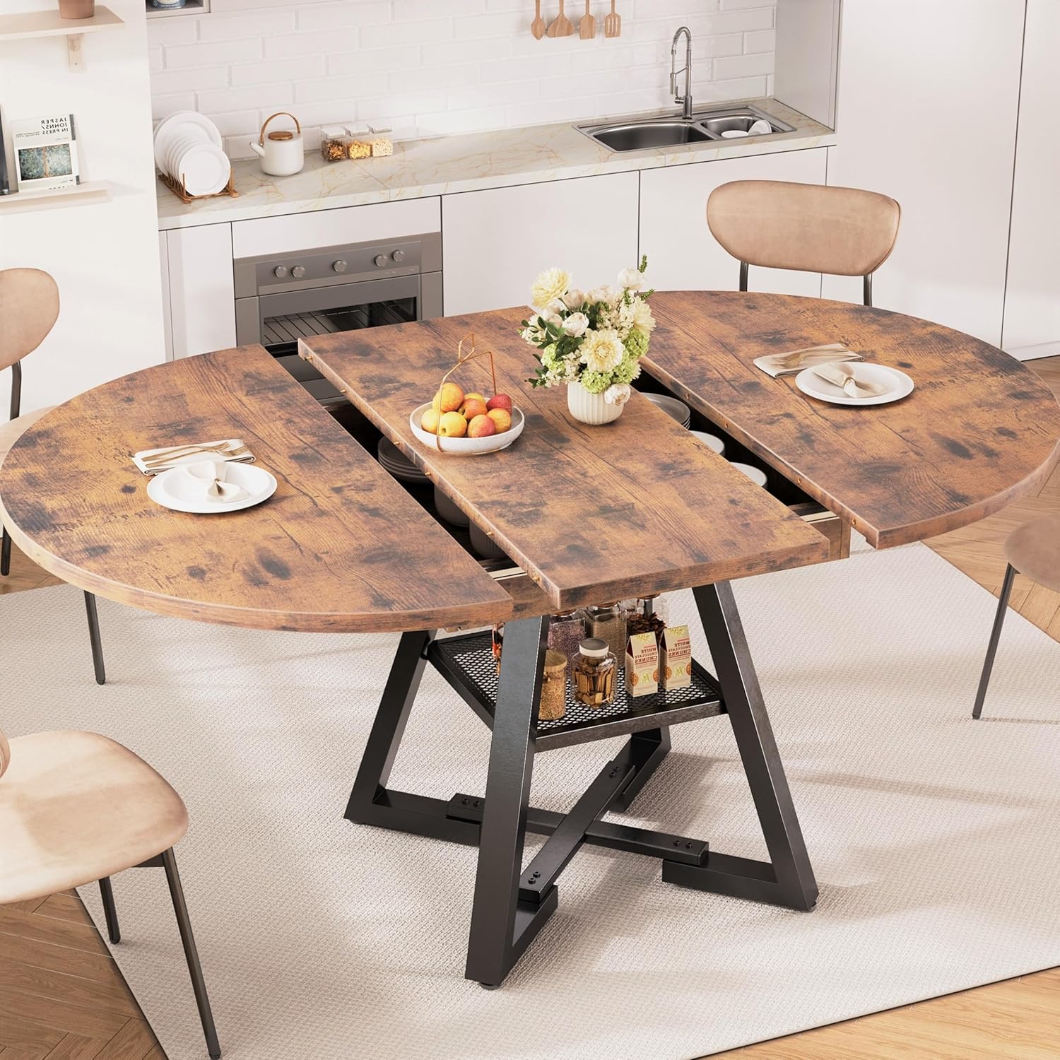 43‘’-57‘’ Extendable Round Dining Table for 4-6, Modern Industrial Kitchen Oval Dining Table with Removable Leaves, Space Saving Pedestal Base with Storage Shelf for Kitchen Living Room (Vintage)