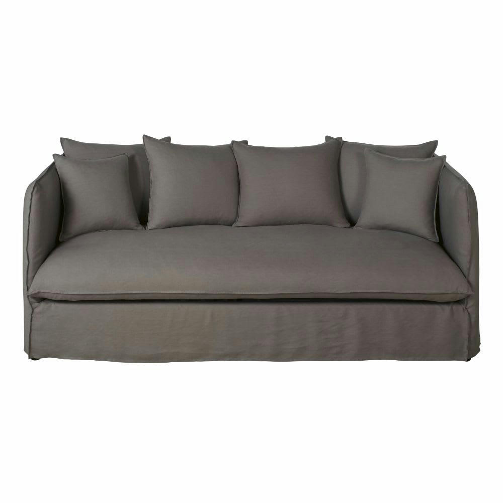 Louvain - Canapé convertible 3/4 places en lin épais gris effet vieilli