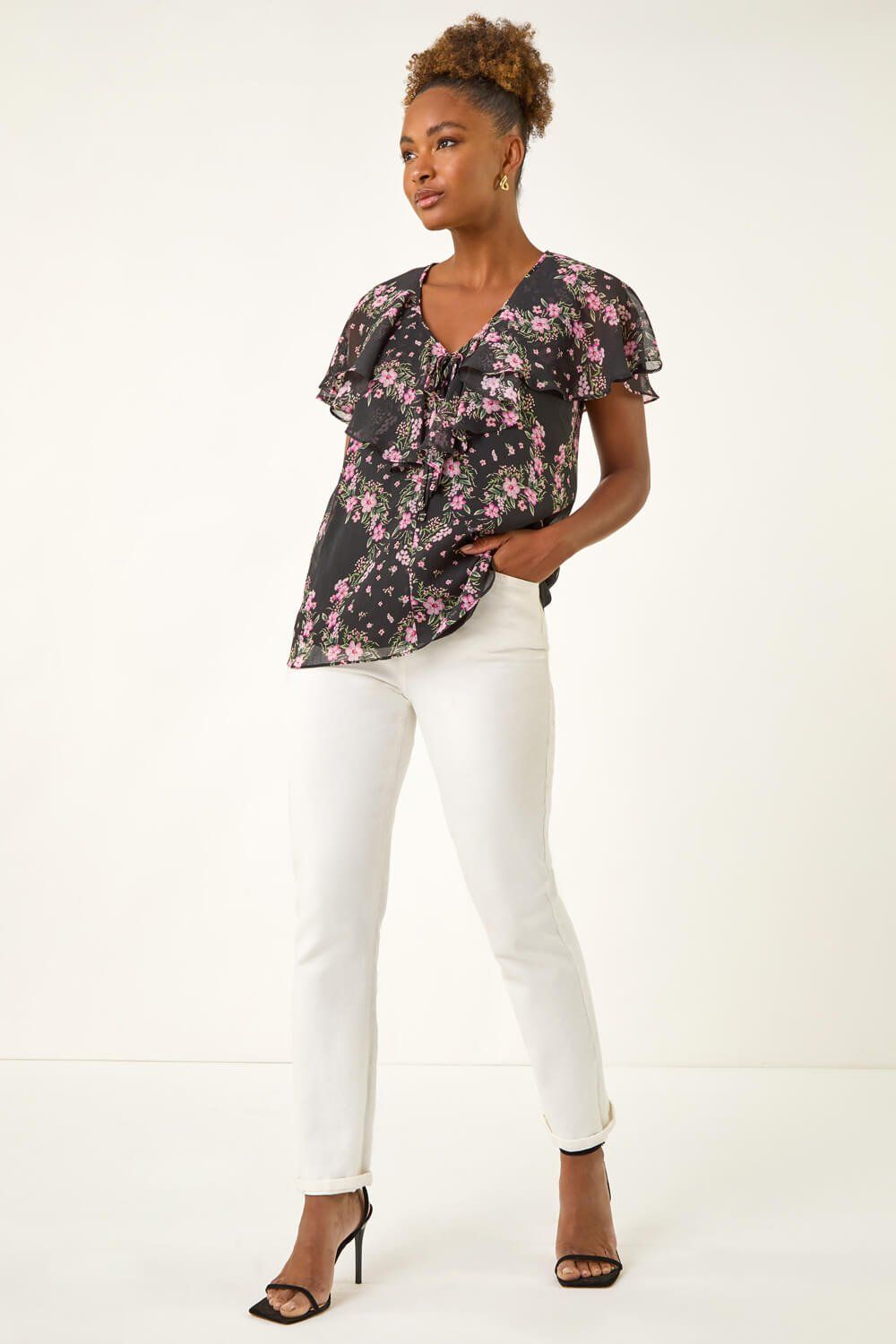 Roman Floral Print Frill Neck Top