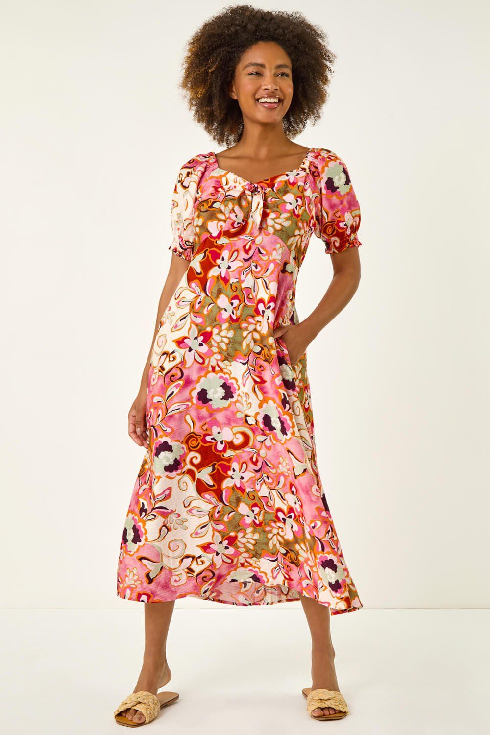 Roman Floral Print Tie Front Midi Dress