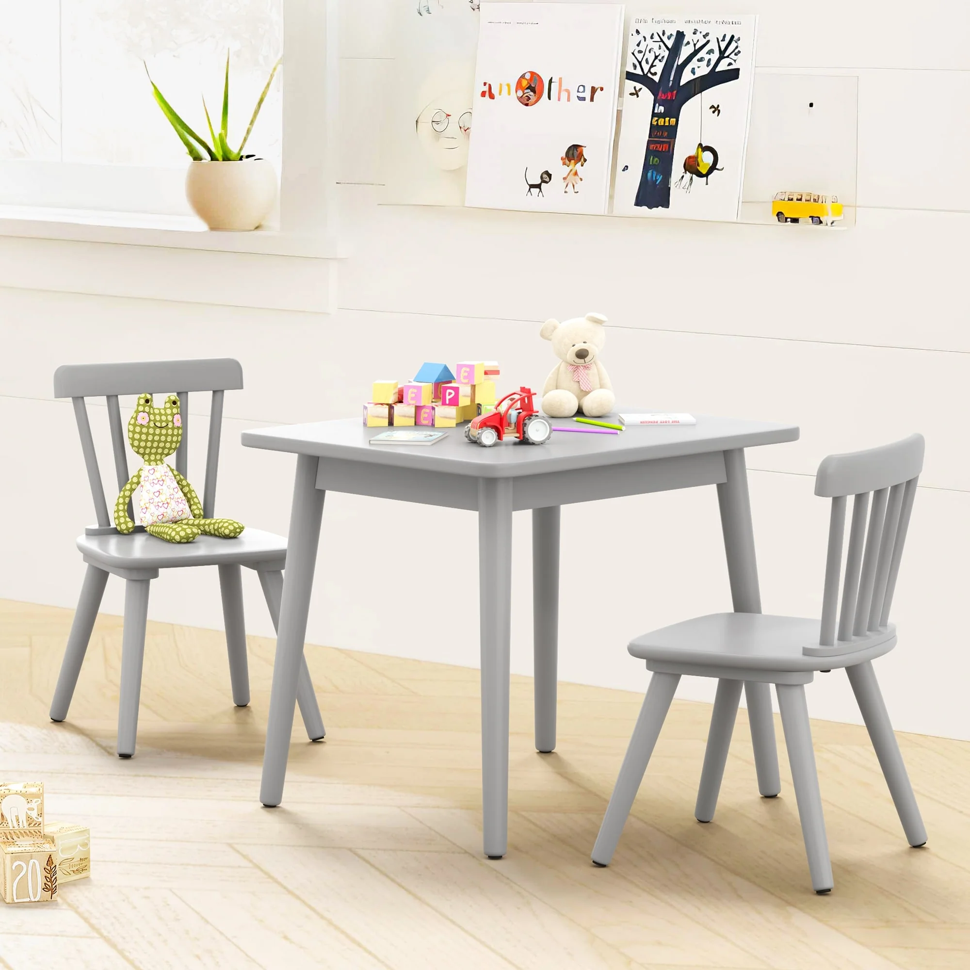 Children Wooden Table and Chair Set, Small Table with 2 Chairs for Kids, Gift for Children, Multi Function Kids Table