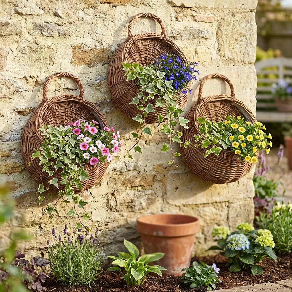 Wicker Wall Planter Basket, Hanging Rattan Plant Holder, Rustic Flower Pot Wall Basket, Indoor Outdoor Garden Decor, Boho Farmhouse Planter