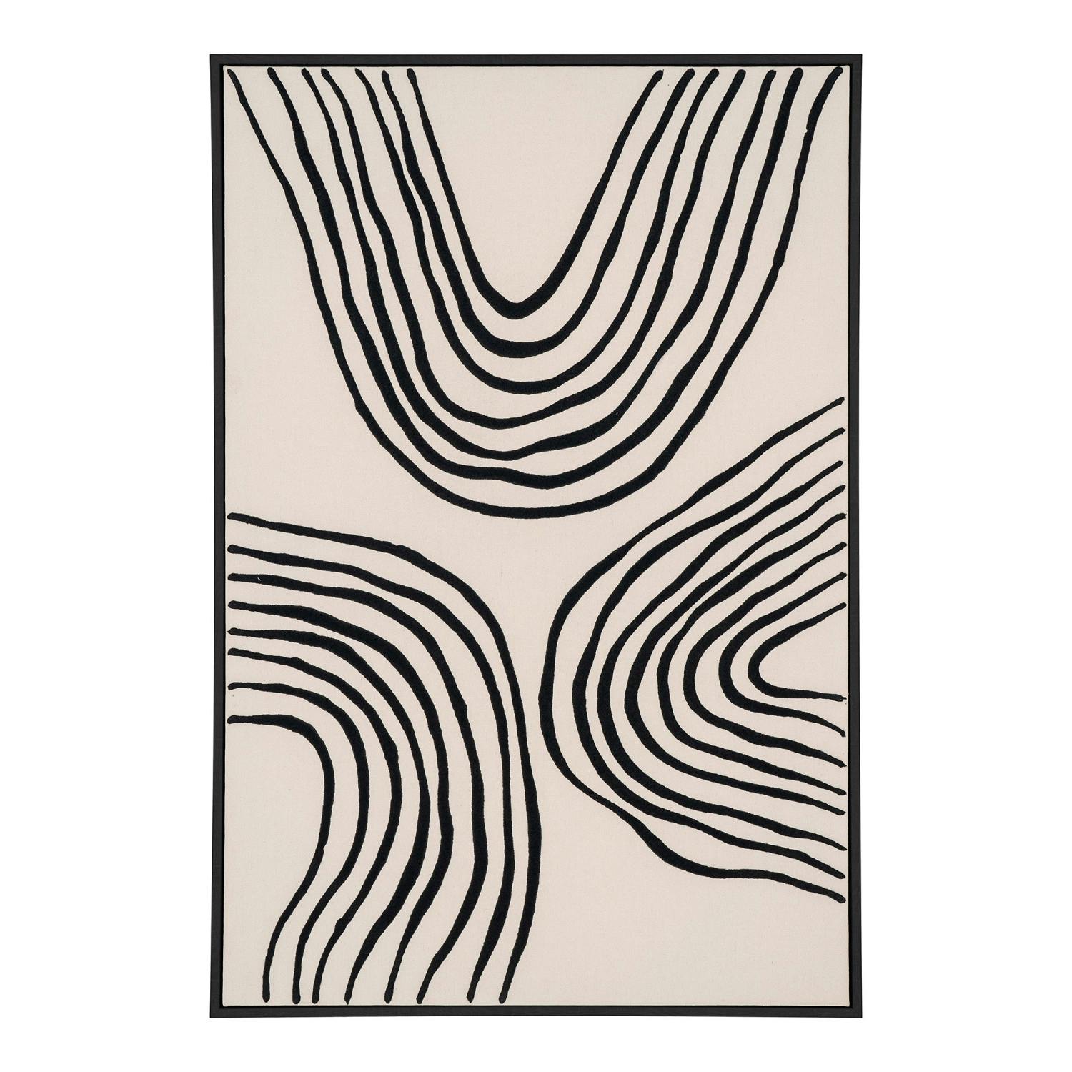Tableau abstrait noir et blanc lignes ondulées avec cadre 60x90 cm