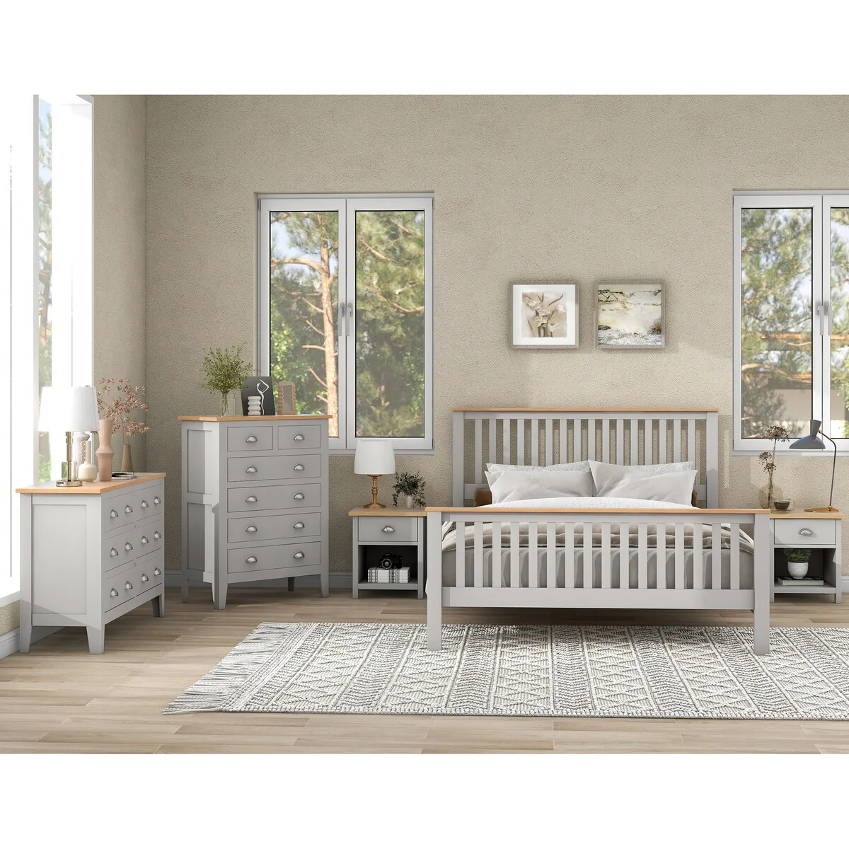 5 Pieces Country Gray with Oak Top Bedroom Sets, Nightstand*2, Chest and Dresser