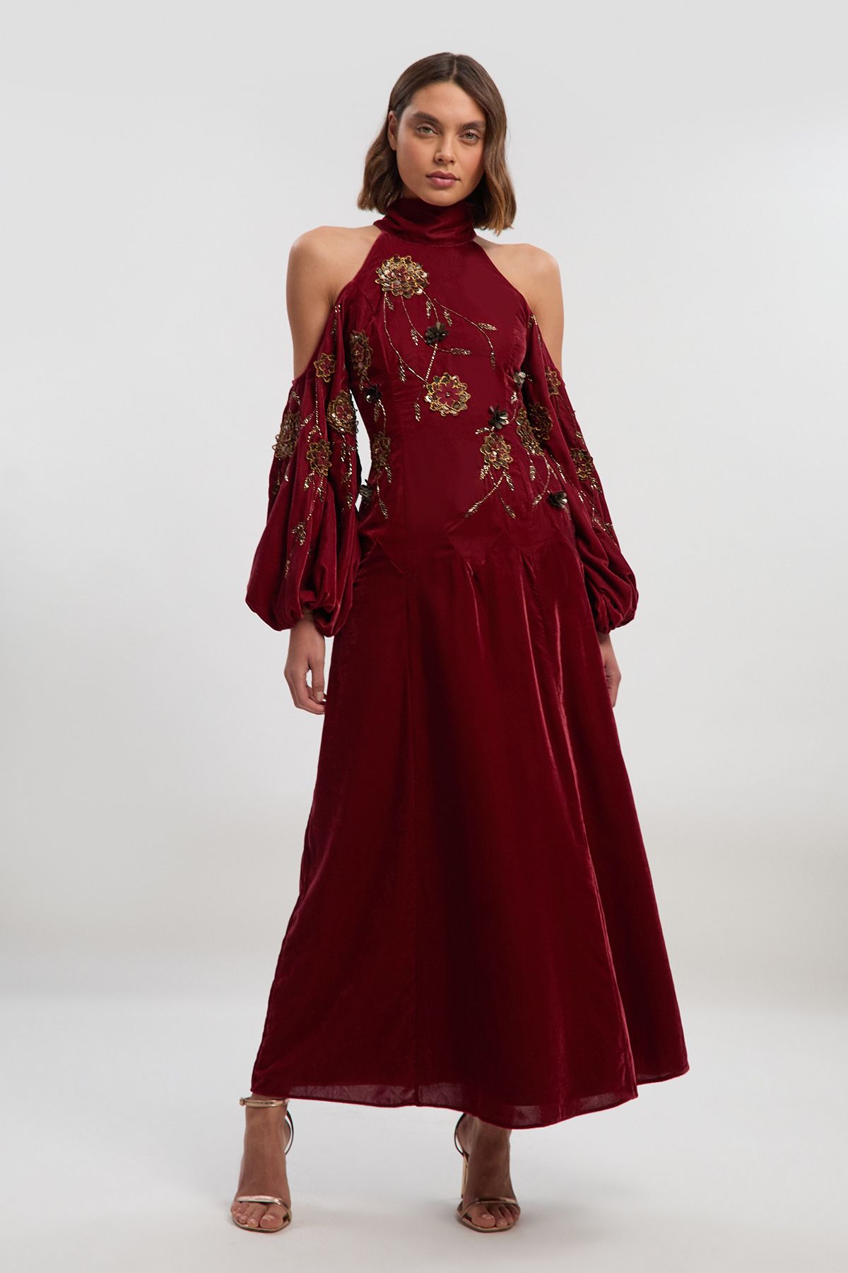 KarenMillen Velvet Cold Shoulder 3D Floral Applique Woven Maxi Dress