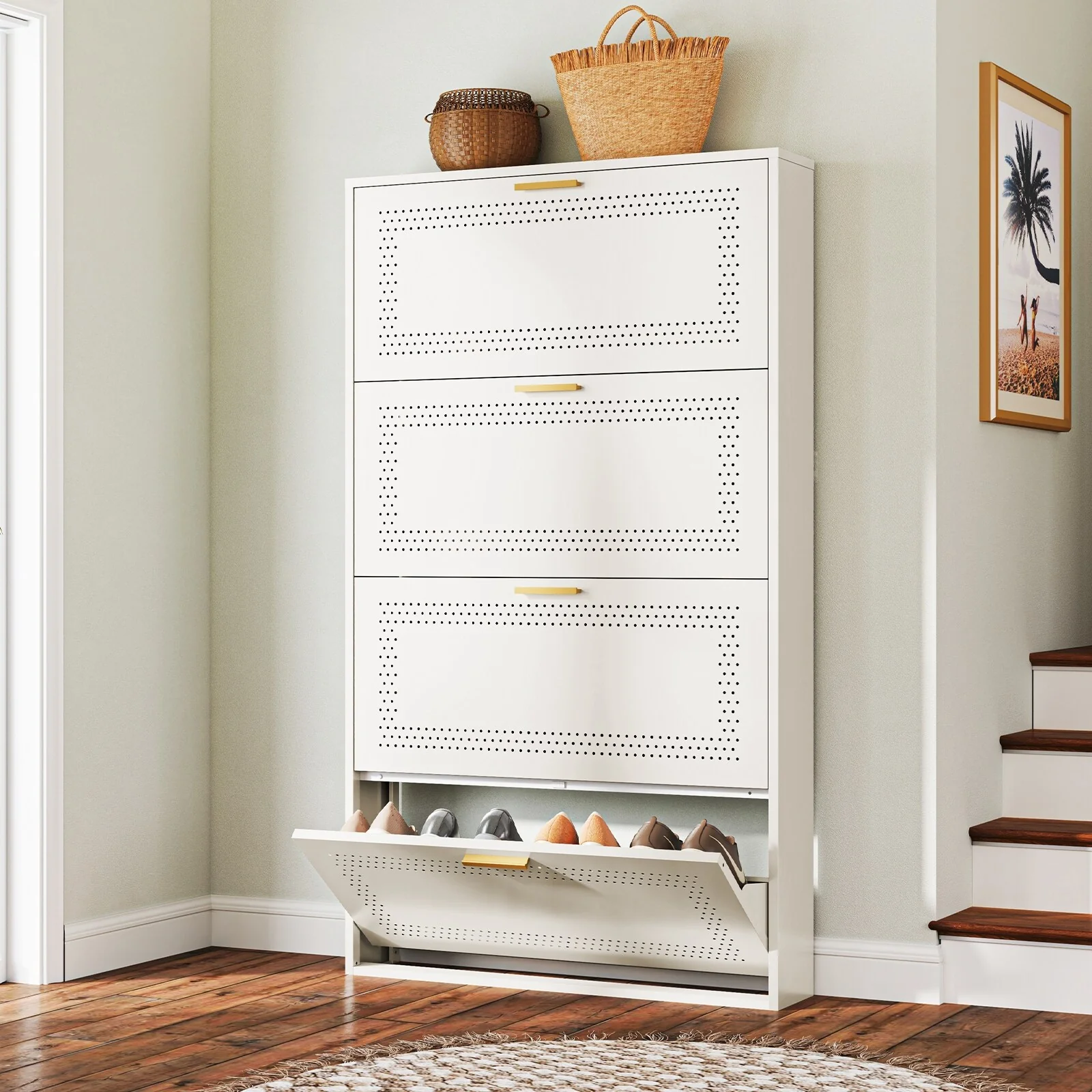 Metal Shoe Storage Cabinet with 3/4 Flip Drawers, Breathable & Space Saving