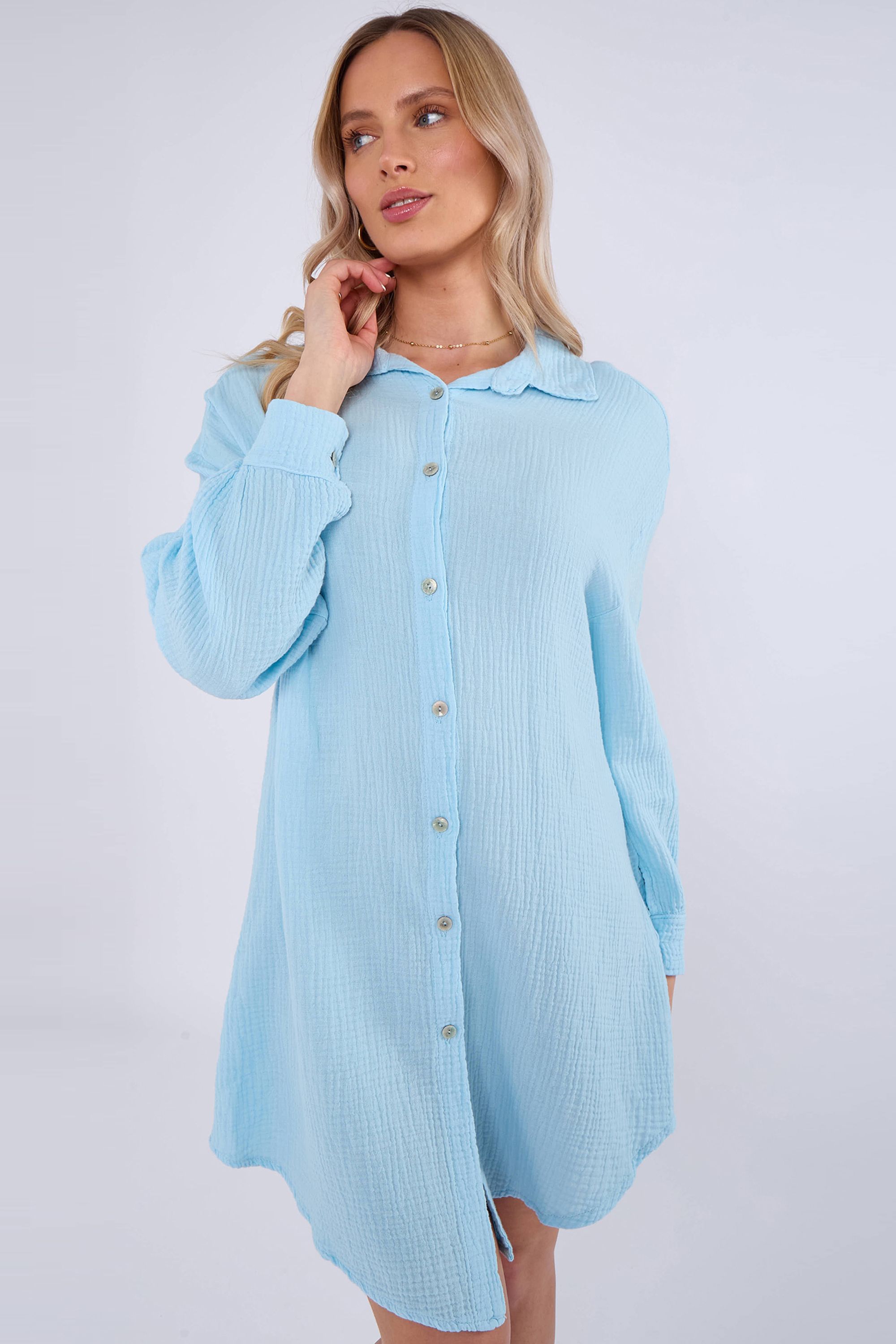 Gini London Blue Cotton Textured Oversized Long Shirt