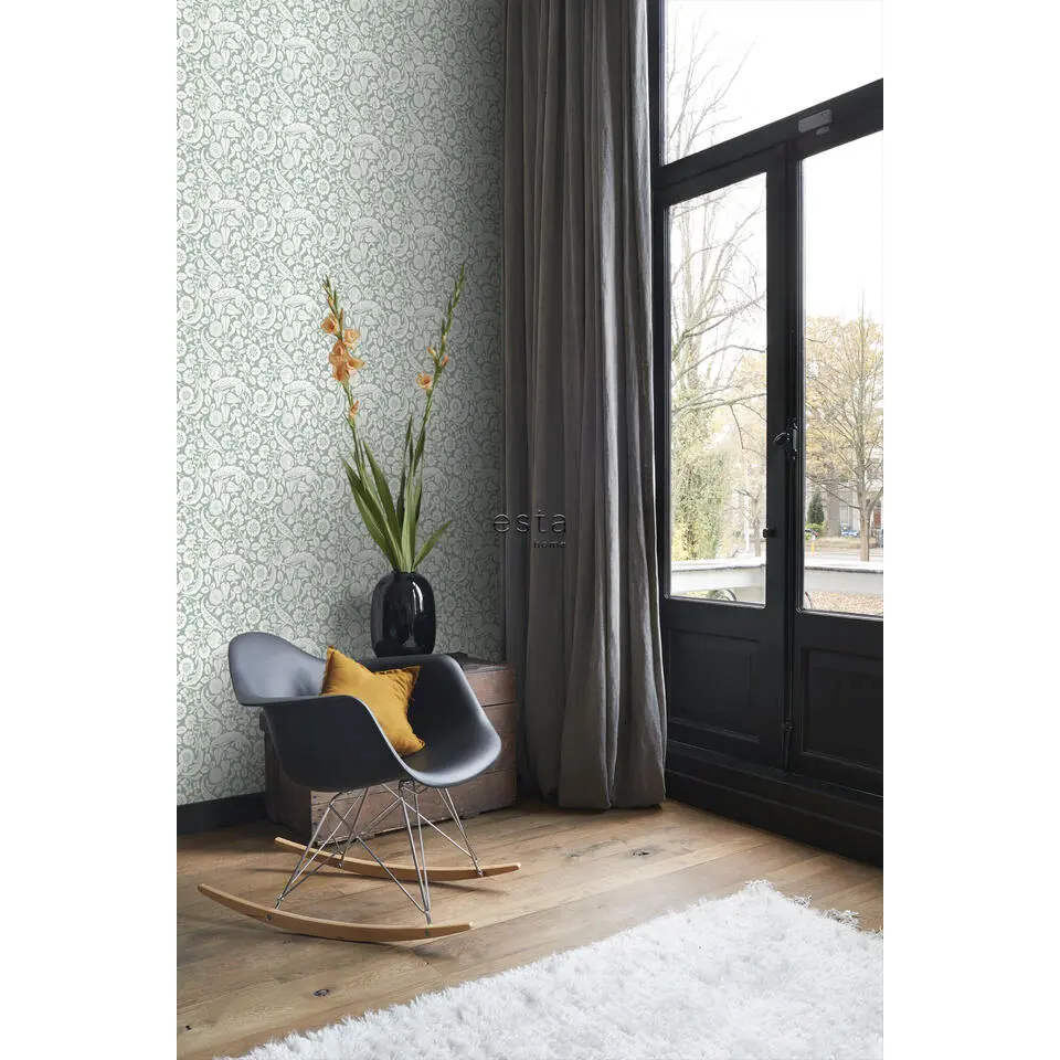 ESTAhome behang bloemmotief vergrijsd groen - 53 cm x 10.05 m