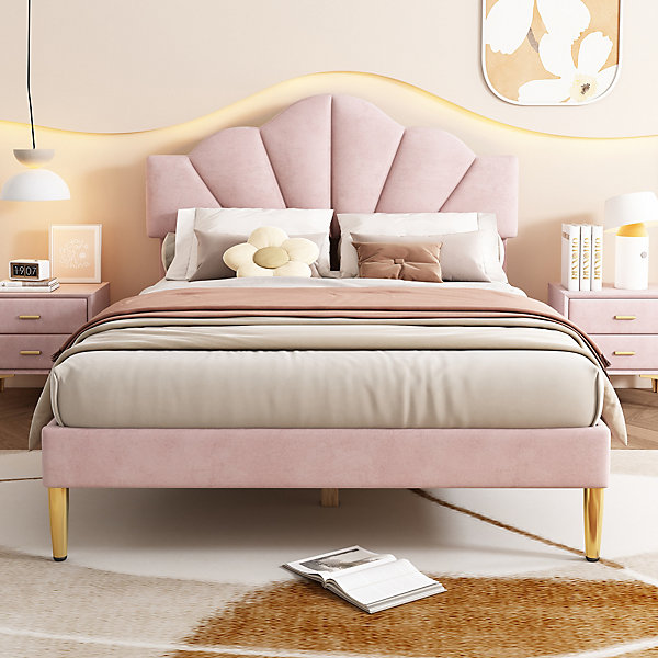Lit 140x200 cm en velours rose avec tête de lit réglable, pieds métal doré et sommier à lattes bois