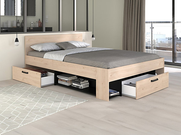 Lit 140 x 190/200 cm avec rangements - Coloris : Naturel et noir - KINSELIA