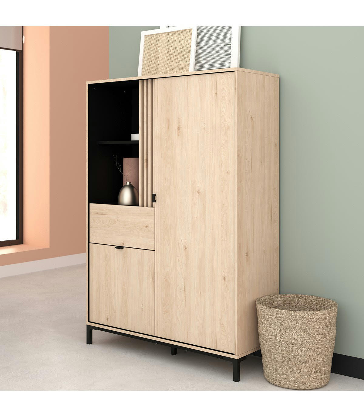 LEIKO - Vaisselier 2 Portes 1 Tiroir L100 x H148 cm - Décor chêne et noir