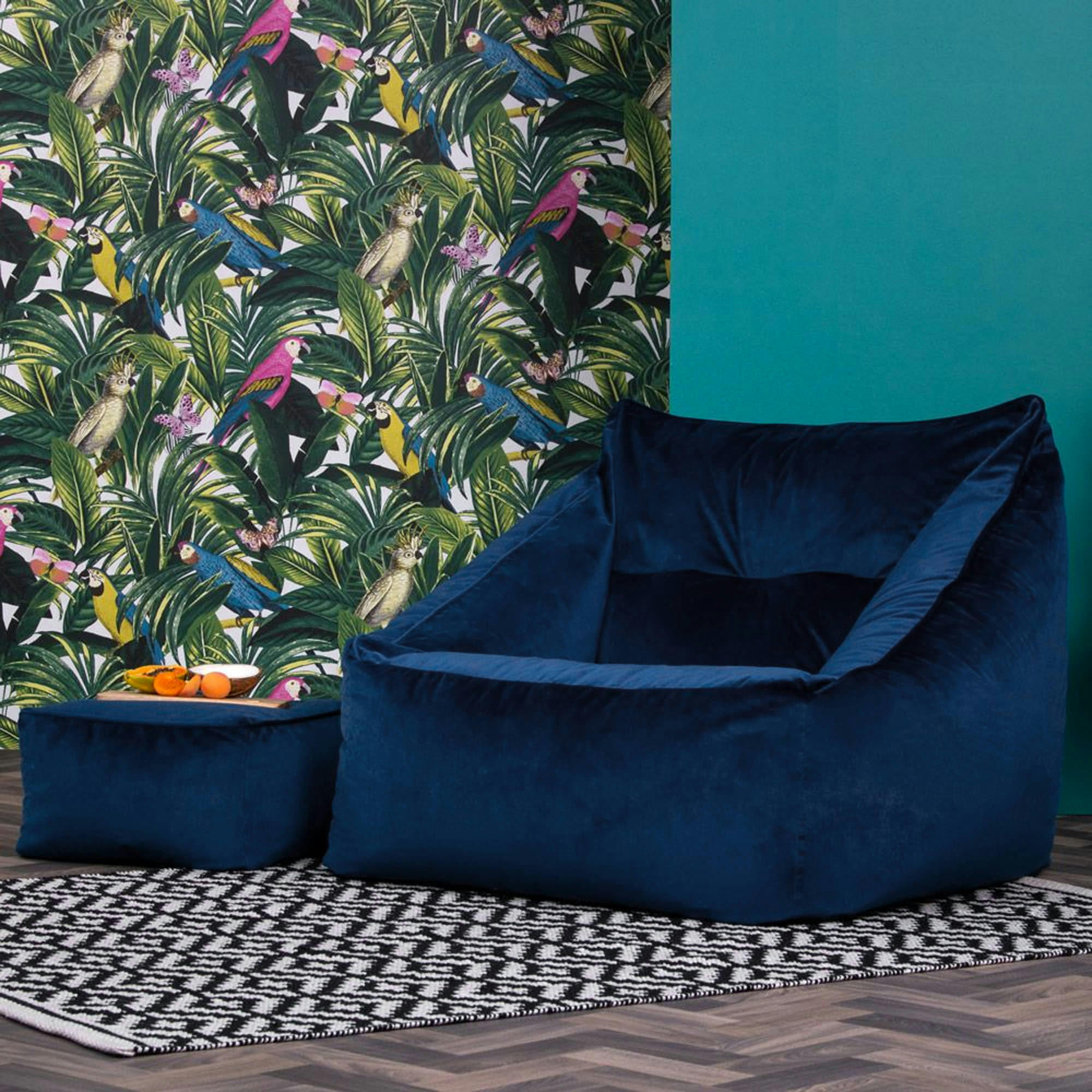 NATALIA - Pouf fauteuil avec repose-pied carré velours bleu marine