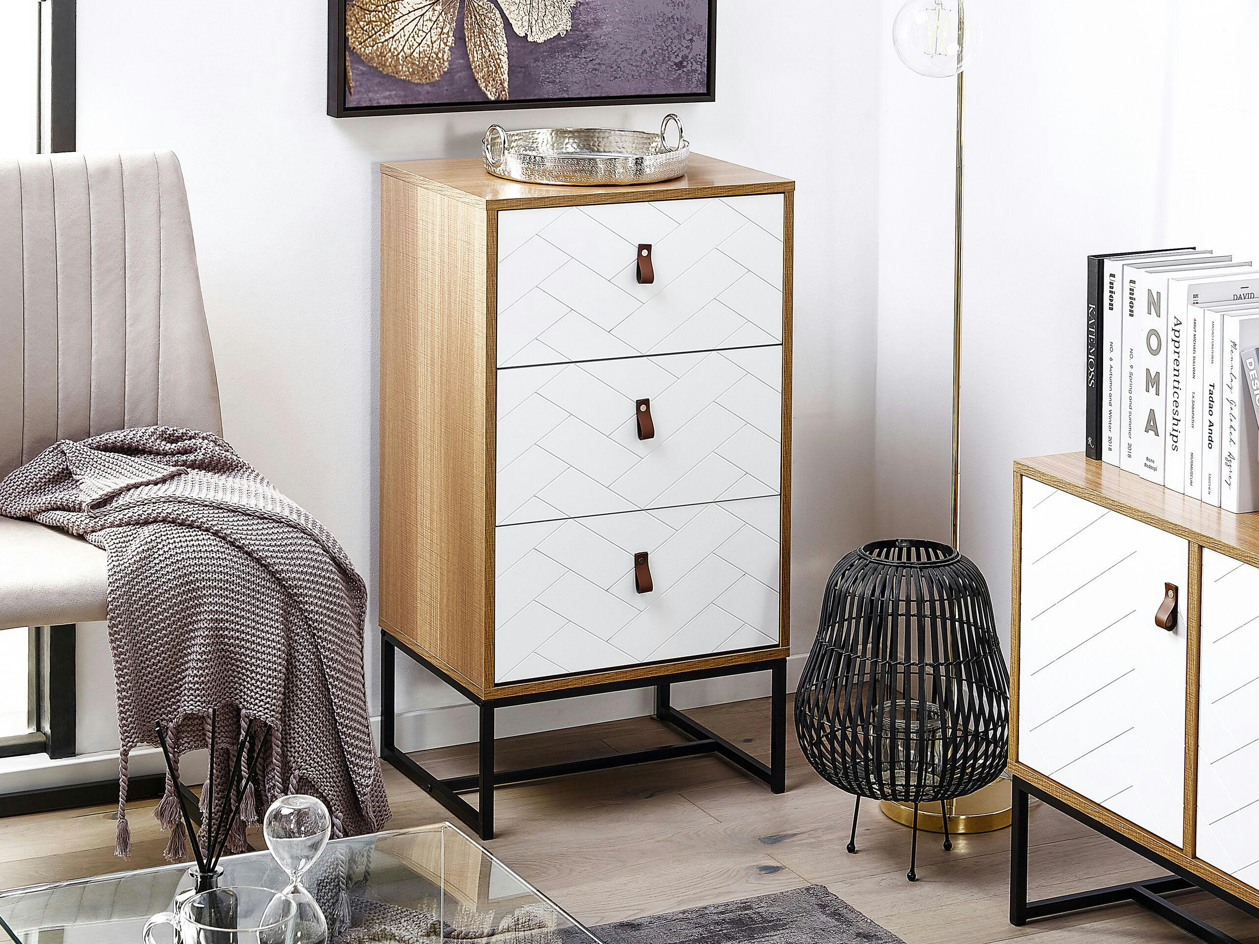 NUEVA - Commode effet bois clair et blanche 3 tiroirs