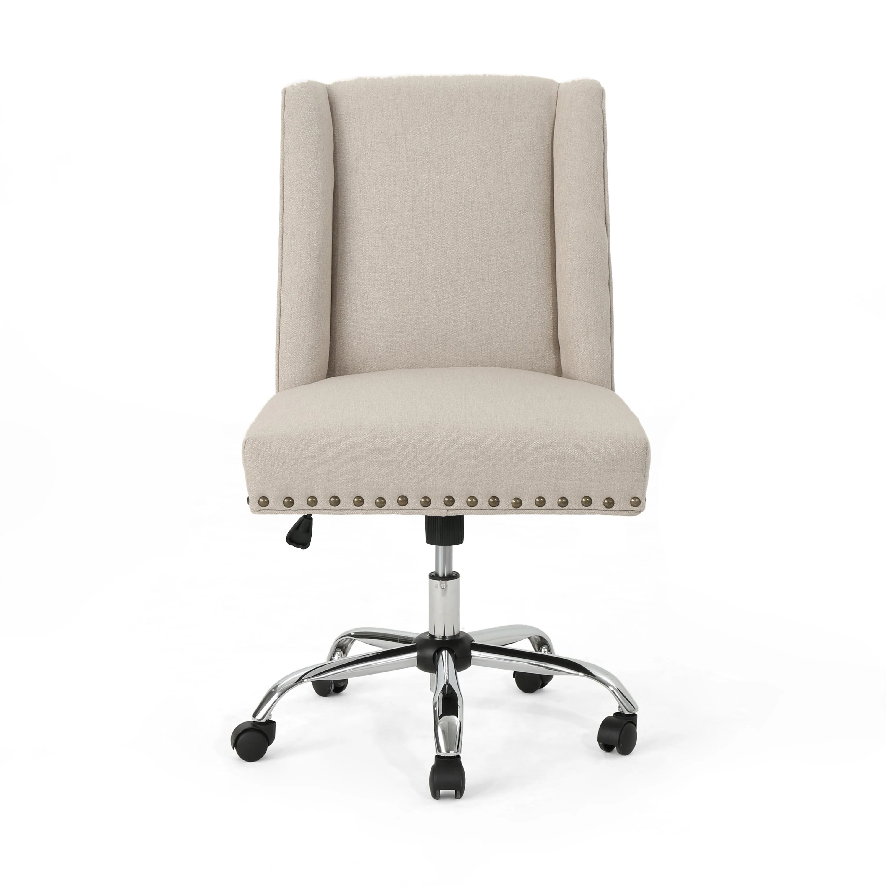 Swivel Office Chair, Beige Fabric with Nailhead Trim, Chrome