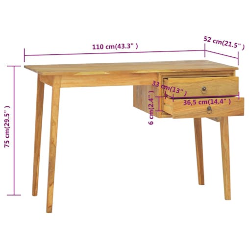 NNEVL Desk with 2 Drawers 110x52x75 cm Solid Wood Teak