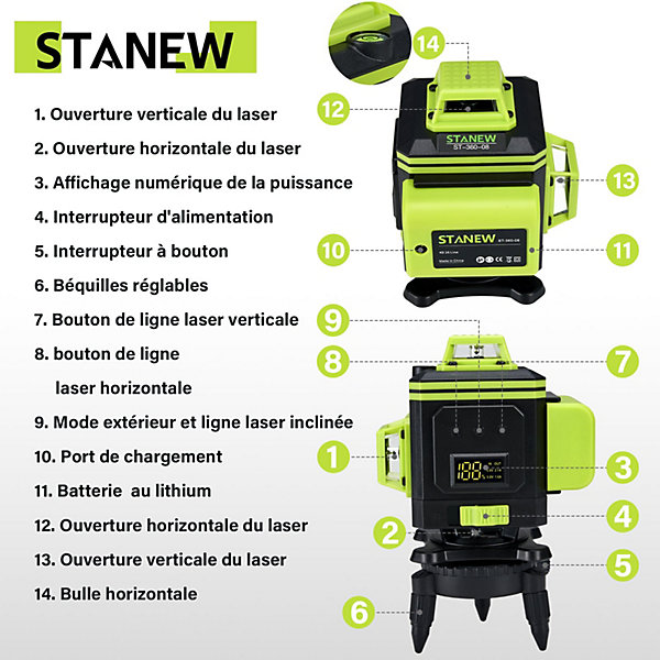 Niveau Laser 4 x 360 degrés, Avec Affichage de La Puissance, 16 Lignes, Batterie Rechargeable 2 x 2400 mAh