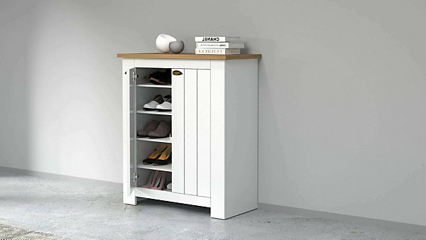 Meuble chaussures Dcittadin, Meuble chaussures peu encombrante avec 2 portes, 84x42h100 cm, Blanc et Chêne