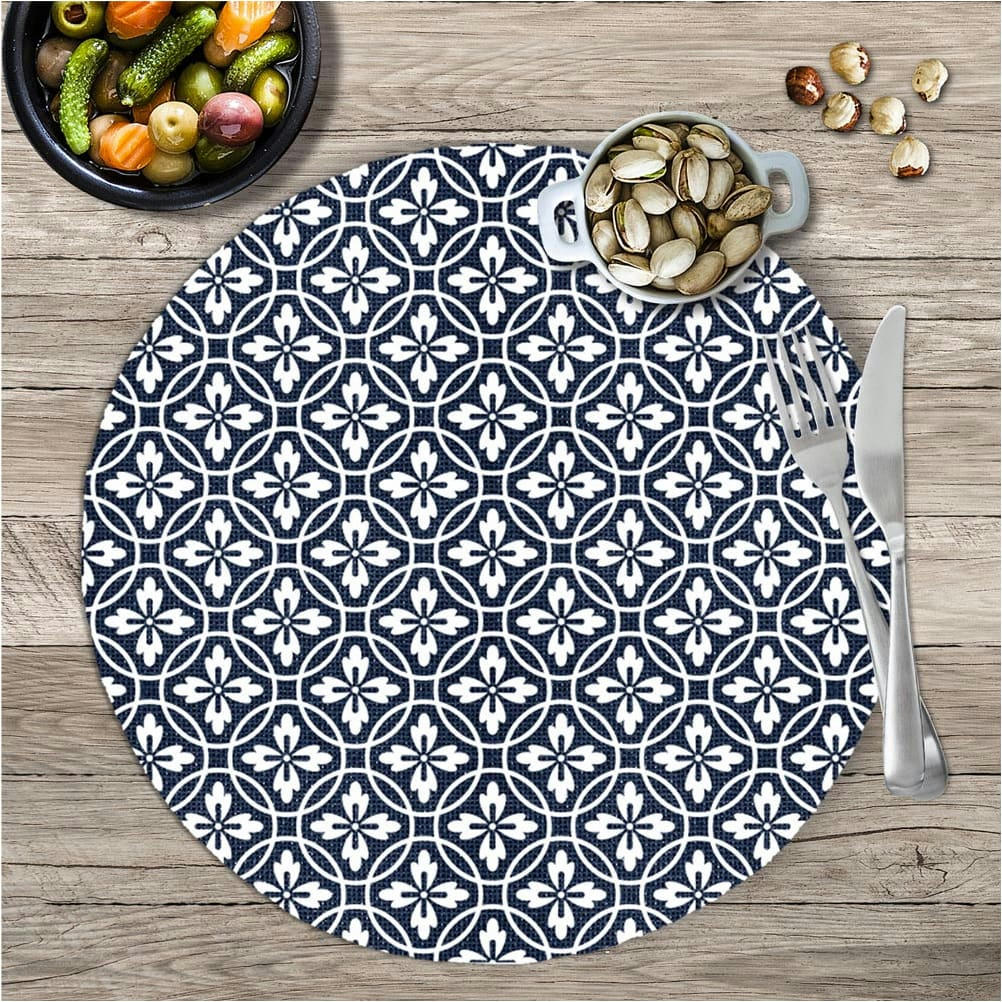 - Set de table rond carreau de ciment bleu et blanc D38cm