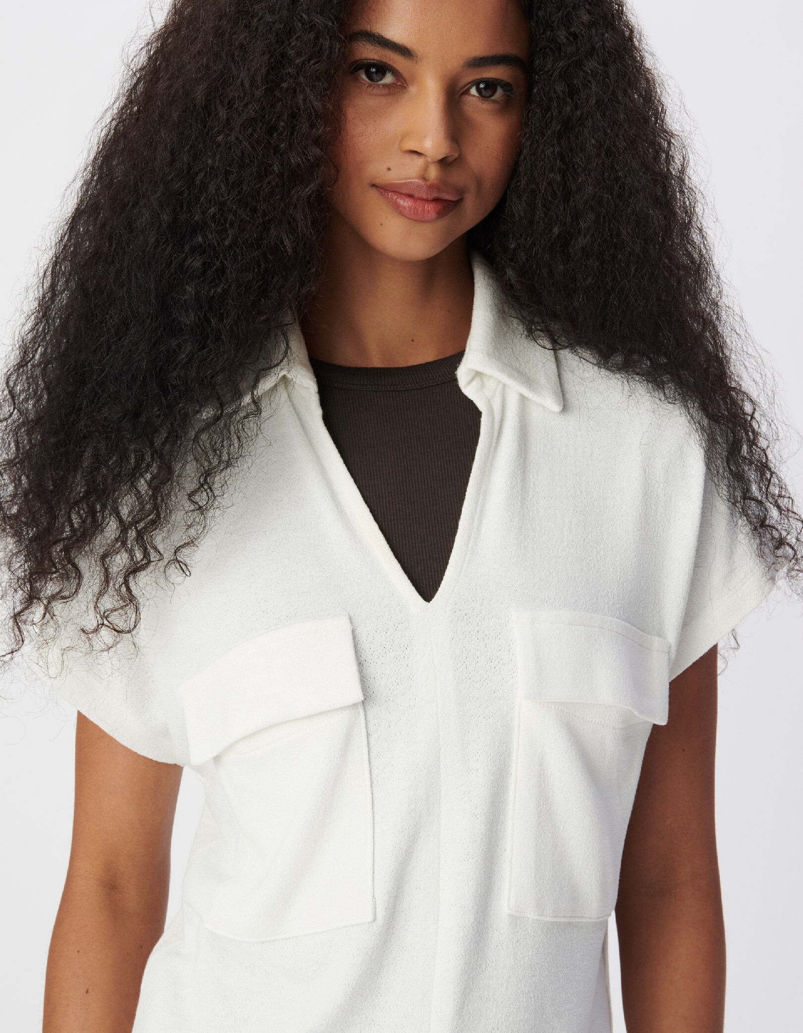 Tee-shirt col polo blanc éponge poches plaquées Femme