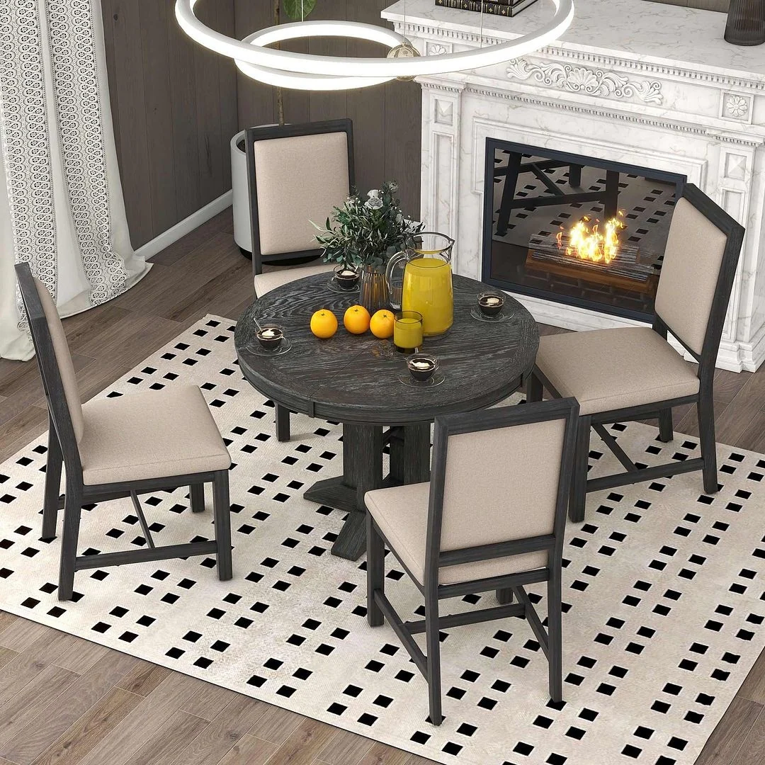 Farmhouse Retractable Round Table with 4 Upholstered Chairs