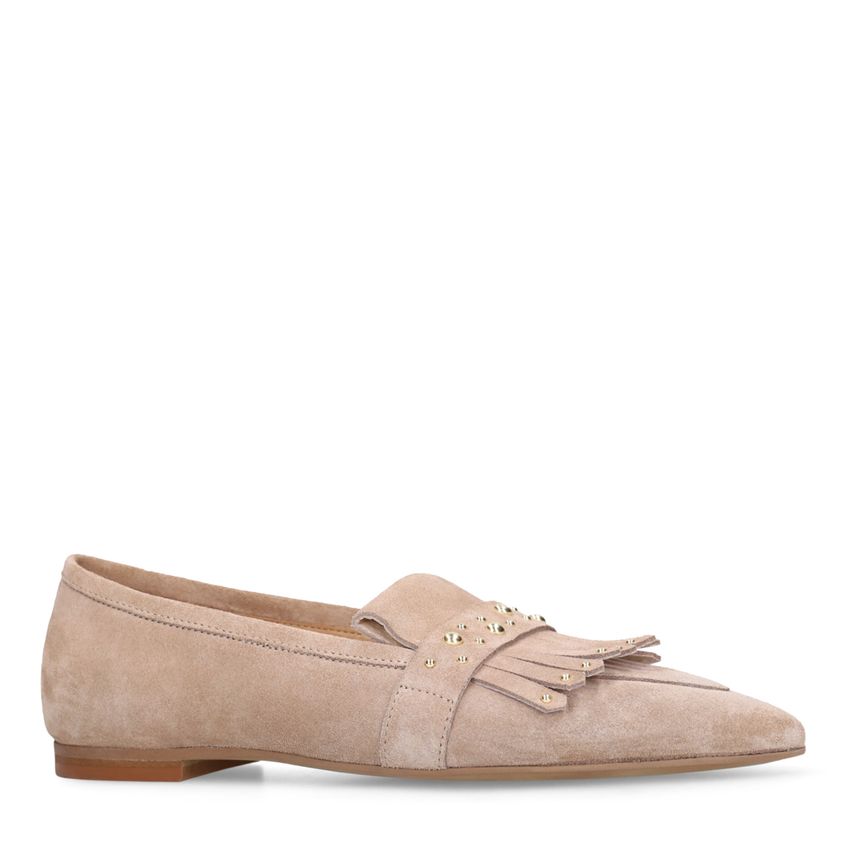 Manfield Beige suède loafers met gouden studs