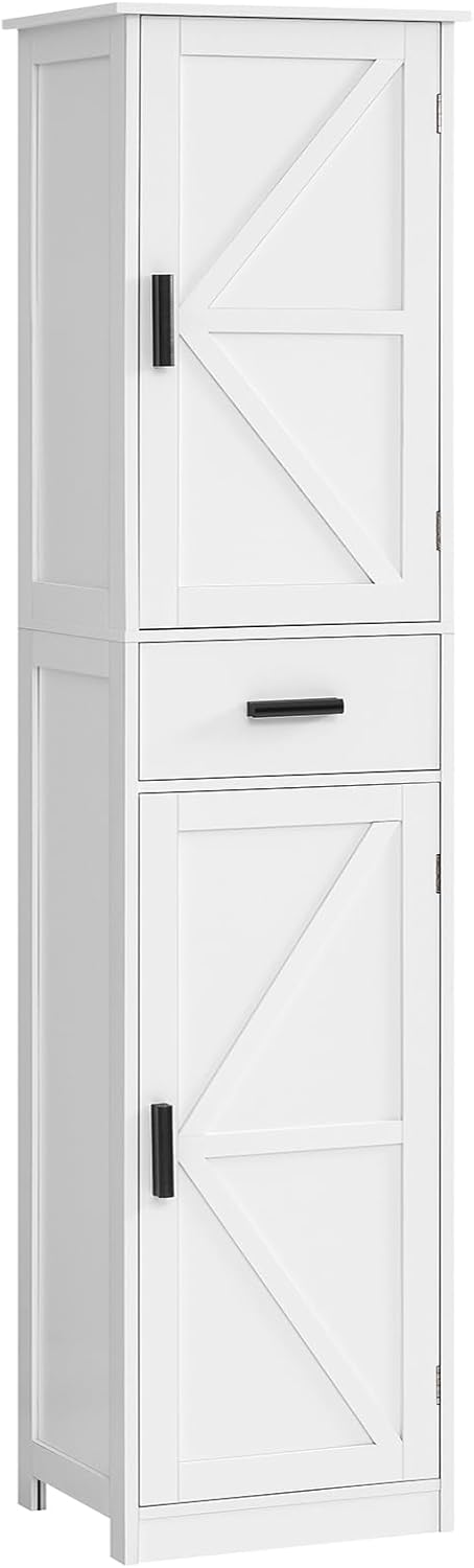 TEENFON Tall Bathroom Cabinet, Storage Cabinet with 6 Shelves & Drawer, Bathroom Storage Cabinet with Adjustable Shelves, Tall Cabinet for Living Room, Home Office, White