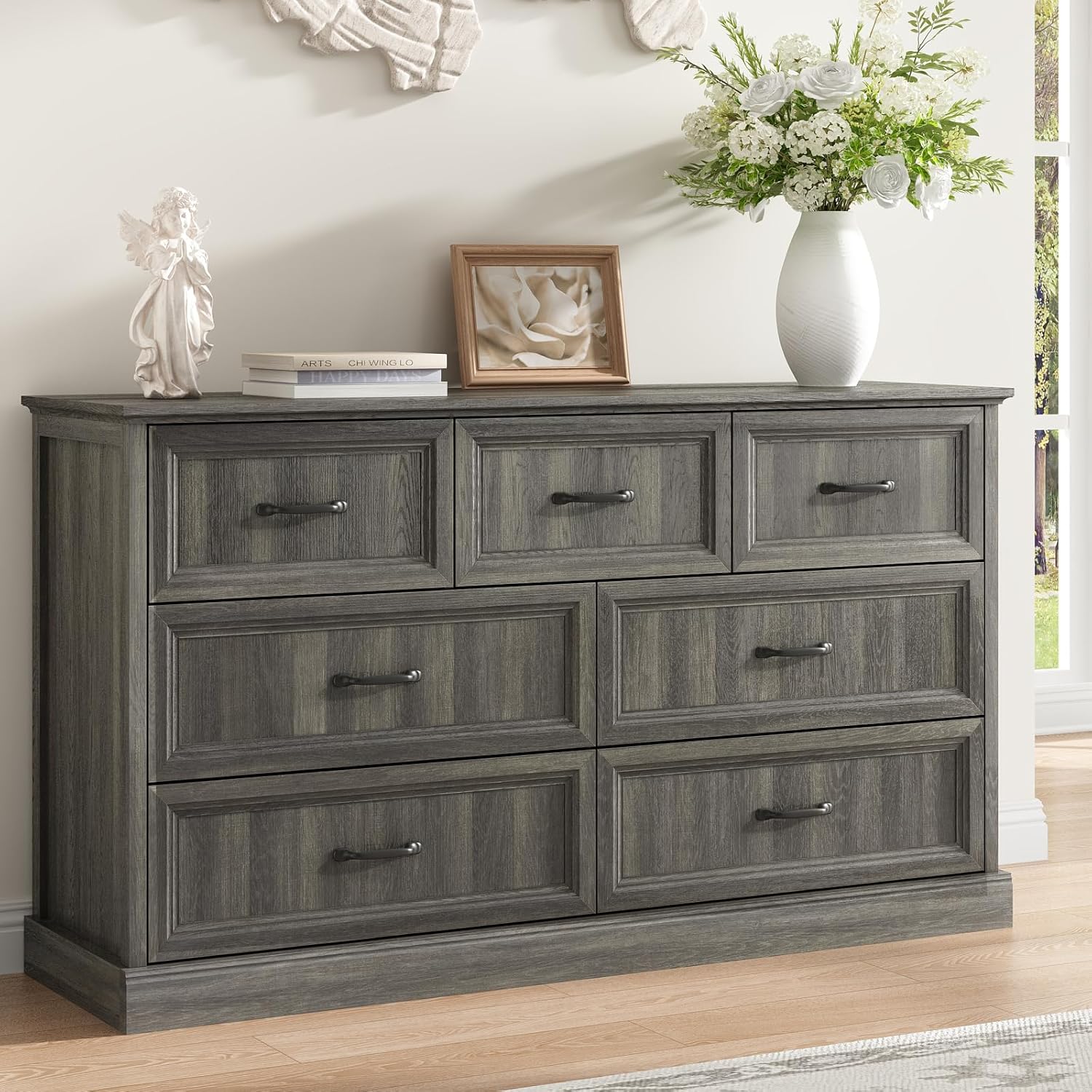 CARPETNAL Farmhouse 7 Drawer Dresser for Bedroom, 55 Inch Wide Modern Grey Dresser TV Stand with Large Drawers & Bar Handles, Rustic Wood Chest of Drawers for Bedroom, Living Room, Hallway, Entryway.