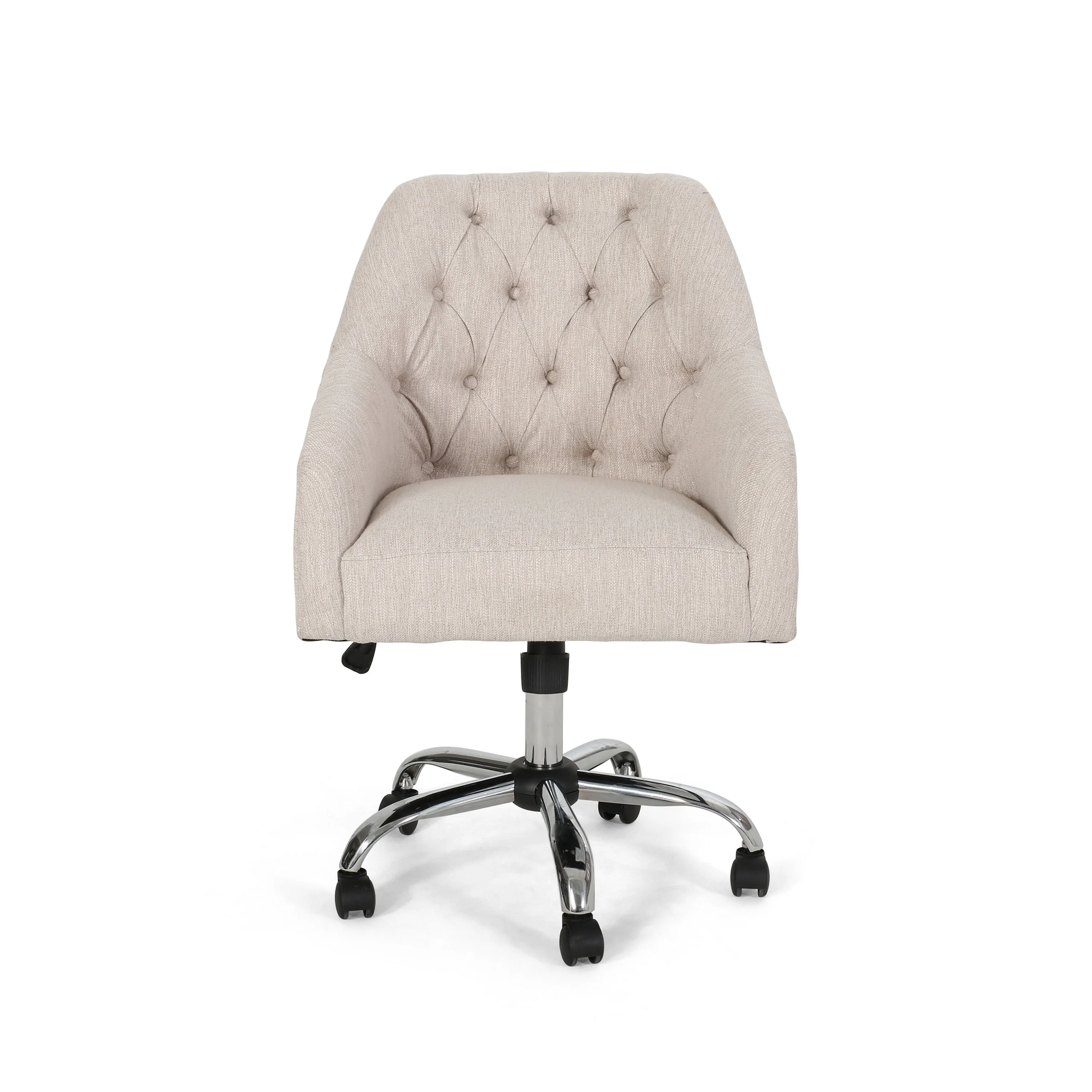 Nysa Swivel Office Chair, Tufted Beige Fabric, Chrome Steel