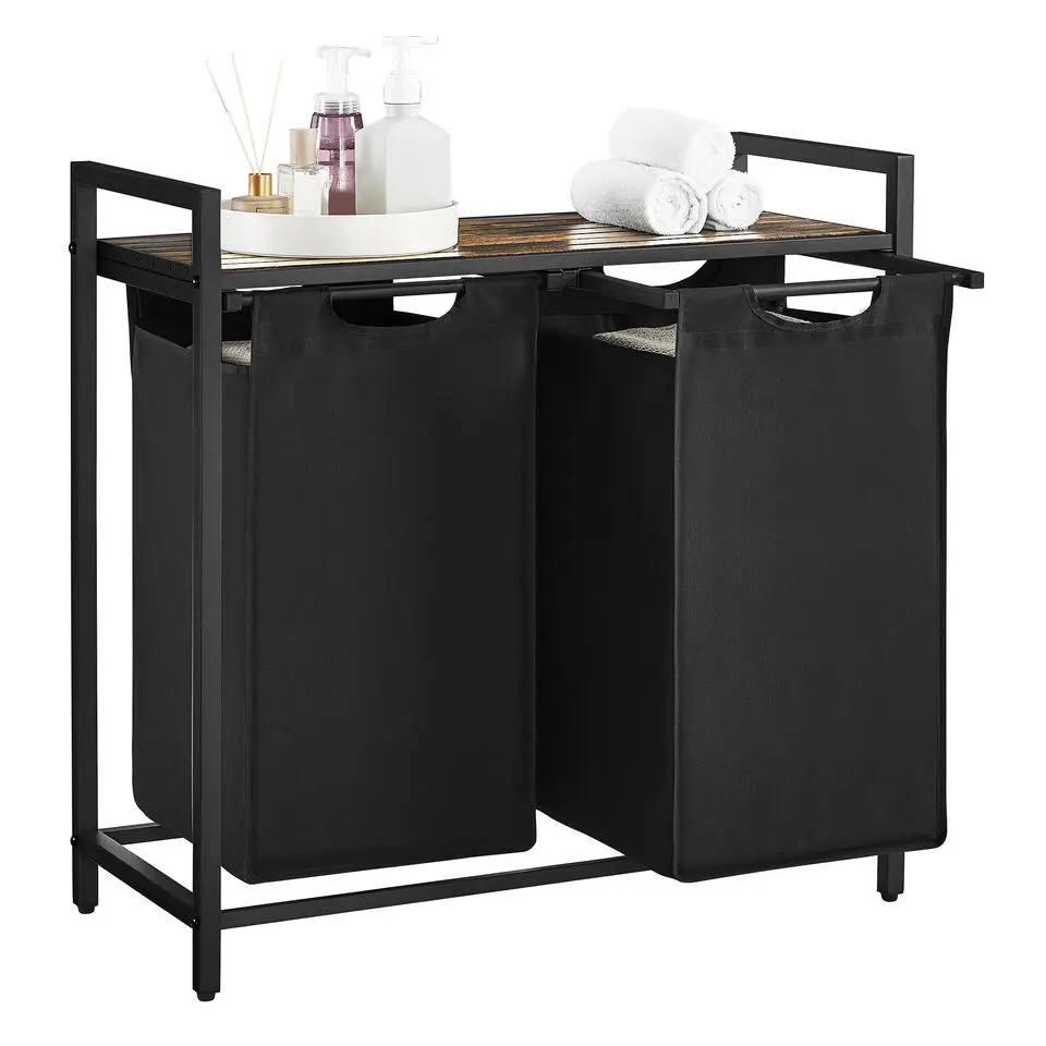 Wasmand met 2 Vakken, Wassorteerder met uitschuifbare Waszakken, Bruin en Zwart