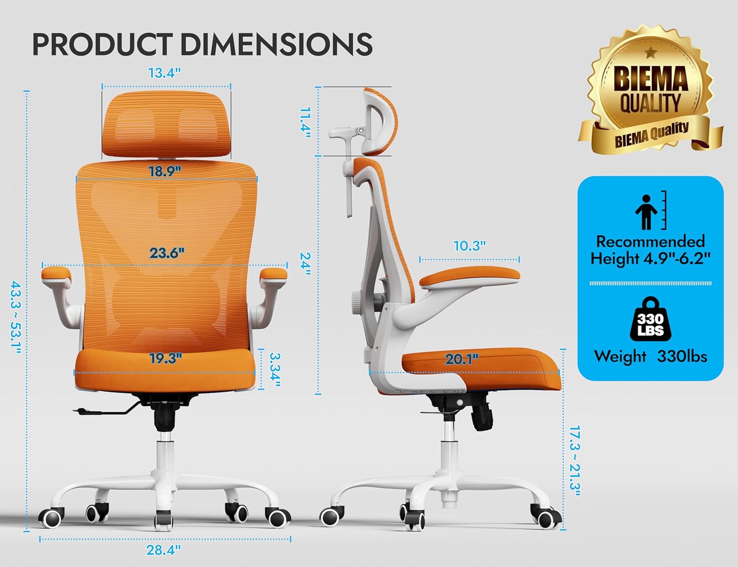 Ergonomic Office Chair - Mesh Desk Chair with Adjustable Lumbar Support High Back Computer Gaming Chairs - Big and Tall Office Chairs Adults, Comfortable for Long Hours, Orange