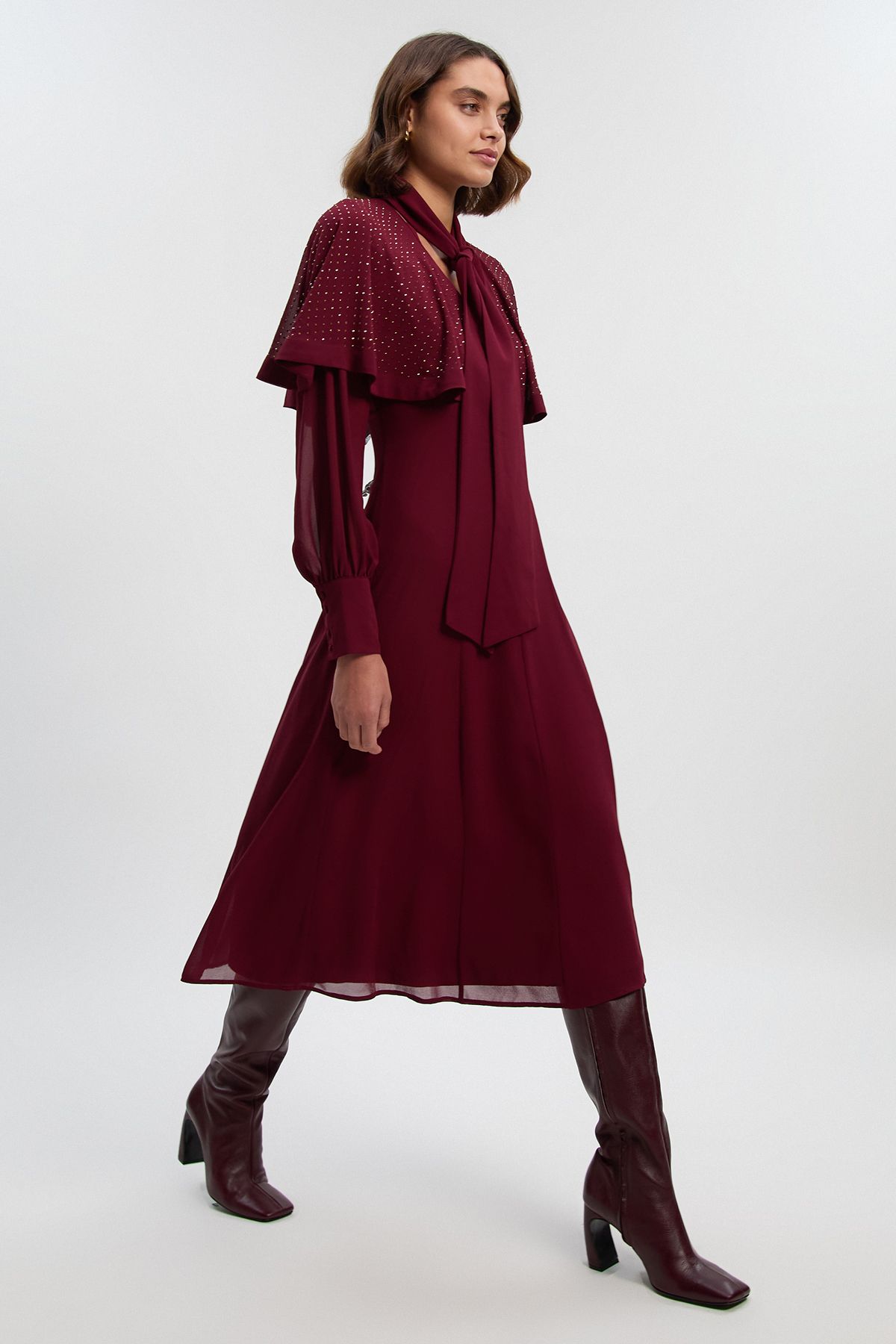 KarenMillen Hotfix Studded Tie Neck Detail Cape Woven Maxi Dress