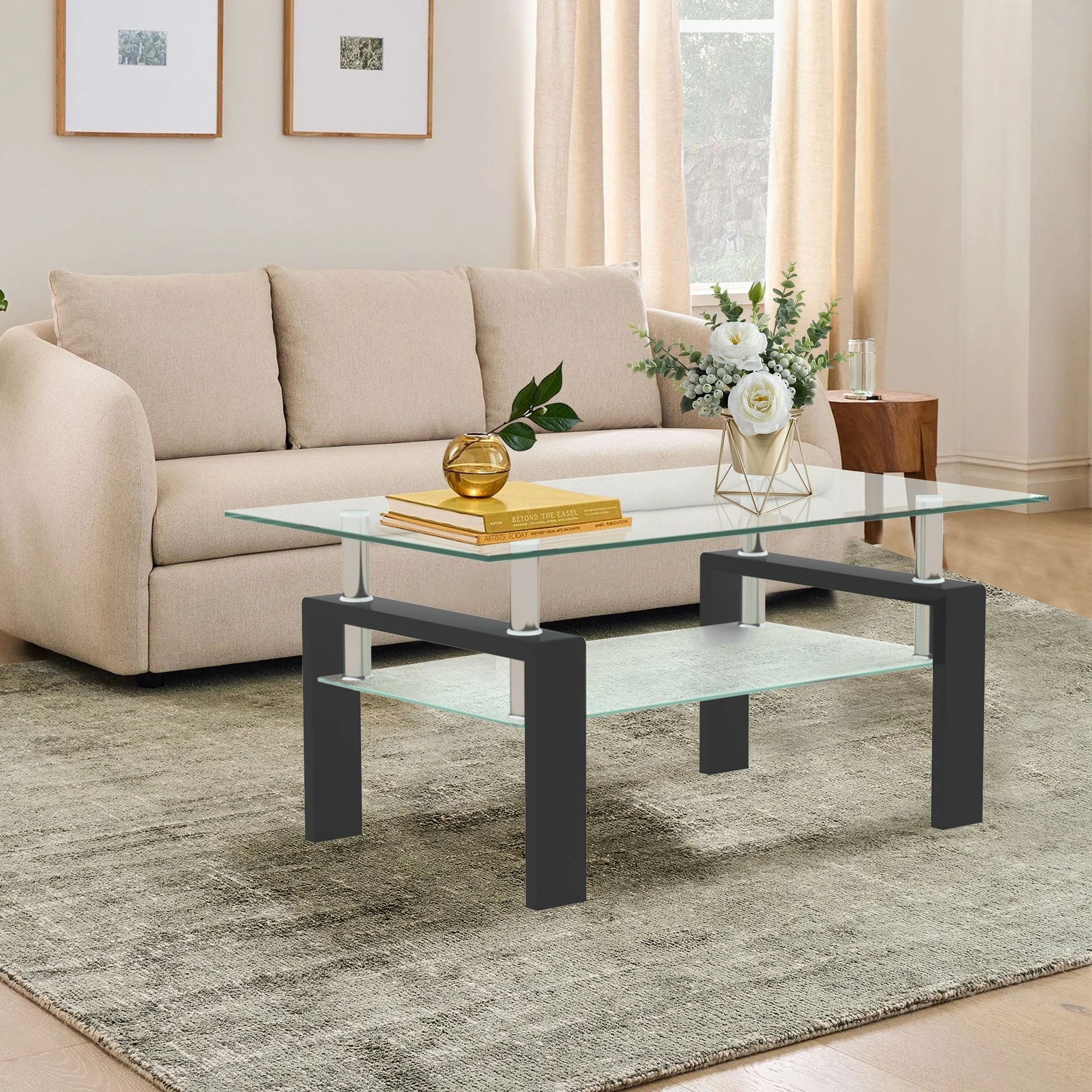 Rectangle 2-Tier Glass Coffee Table with Metal Legs,Modern Side Center Table