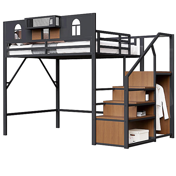 Lit mezzanine en métal avec échelle de rangement,140x200cm,noir,fenêtre,panneaux en bois,tissu maillé,barrière surélevée