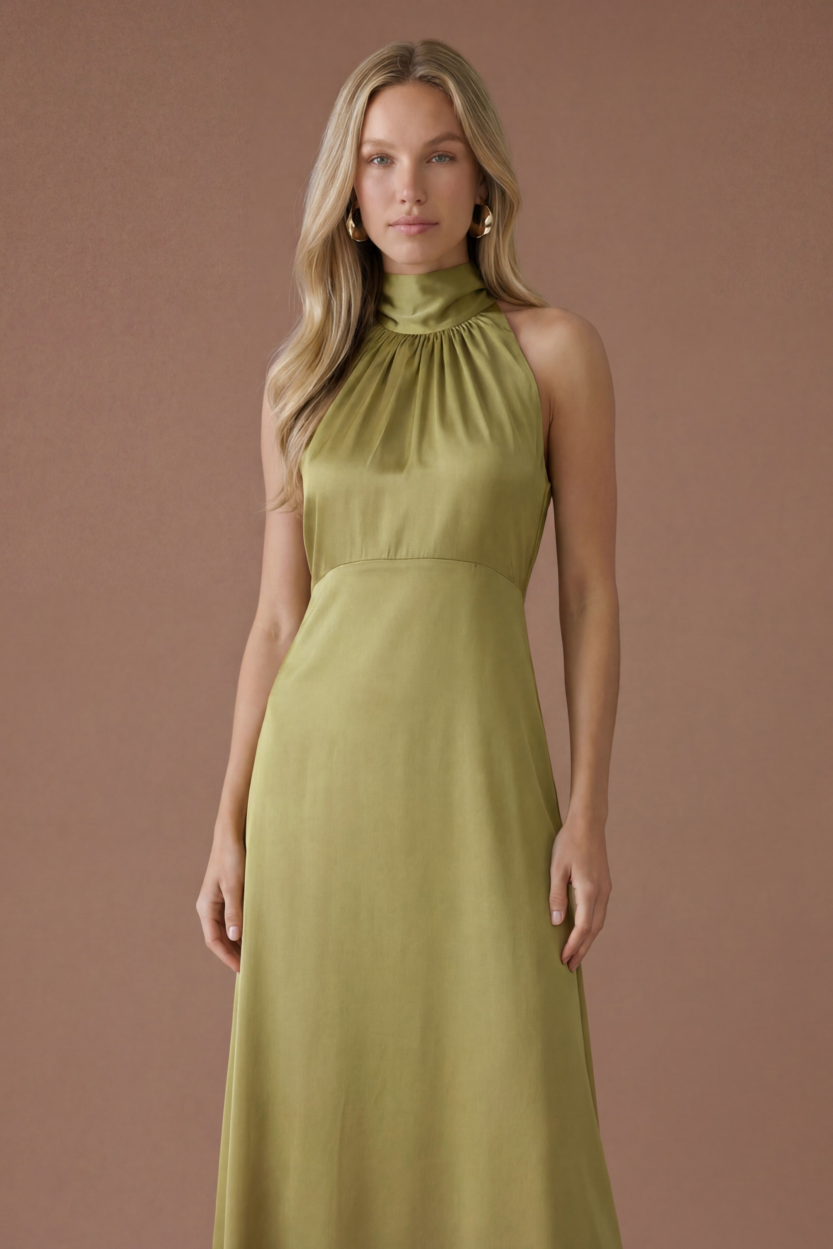 Oasis Olive Satin Halter Neck Maxi Bridesmaid Dress