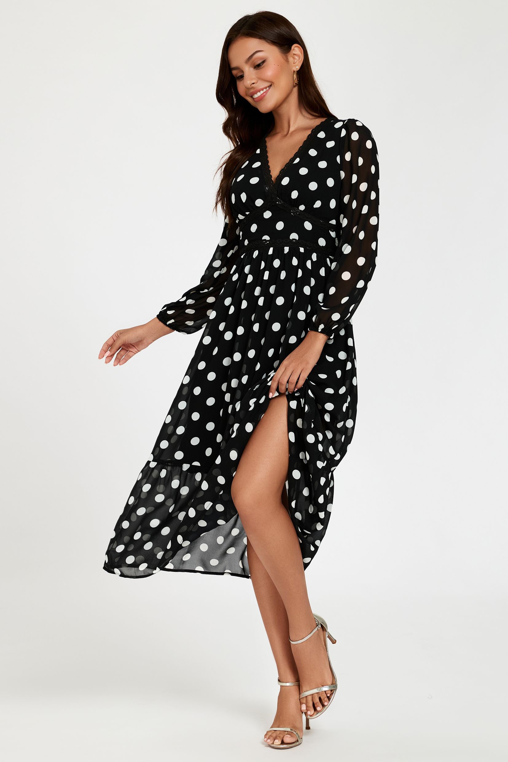 FS Collection Dot Print Lace Trim Long Sleeve Maxi Dress In Black