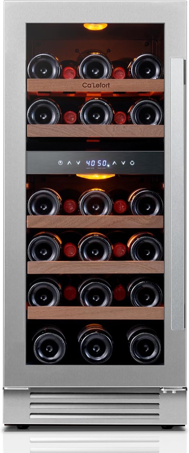 Ca'Lefort 15 Inch Wine Fridge & Cooler - Dual Zone 28 Bottles Wine Cooler with Glass Door, Small Wine Refrigerator with 3 LED Light Built-in for Home Bar Kitchen Left-Hinged Door (3.0 cu.ft)