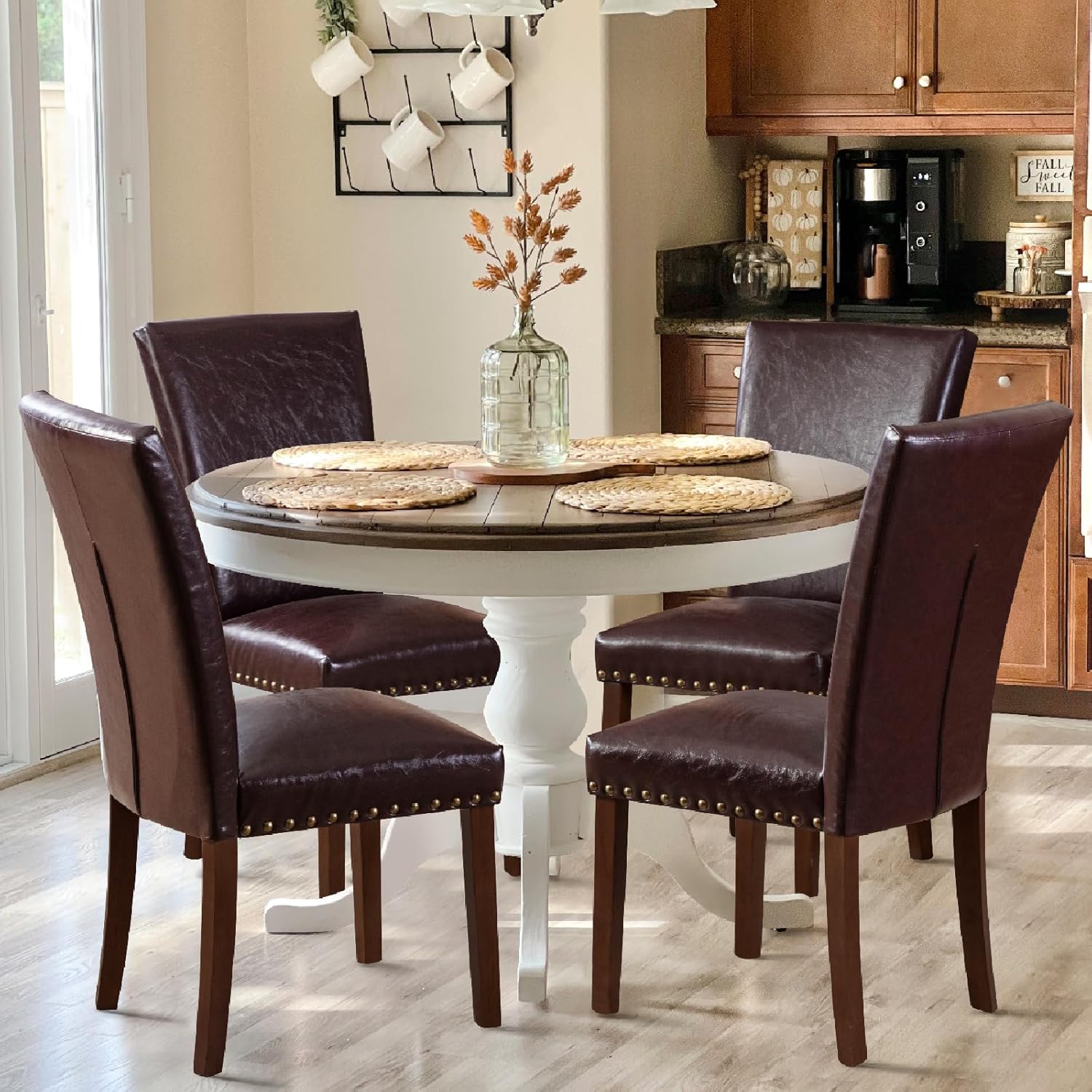 COLAMY Upholstered Parsons Dining Chairs Set of 4, PU Leather Dining Room Kitchen Side Chair with Nailhead Trim and Wood Legs - Dark Brown