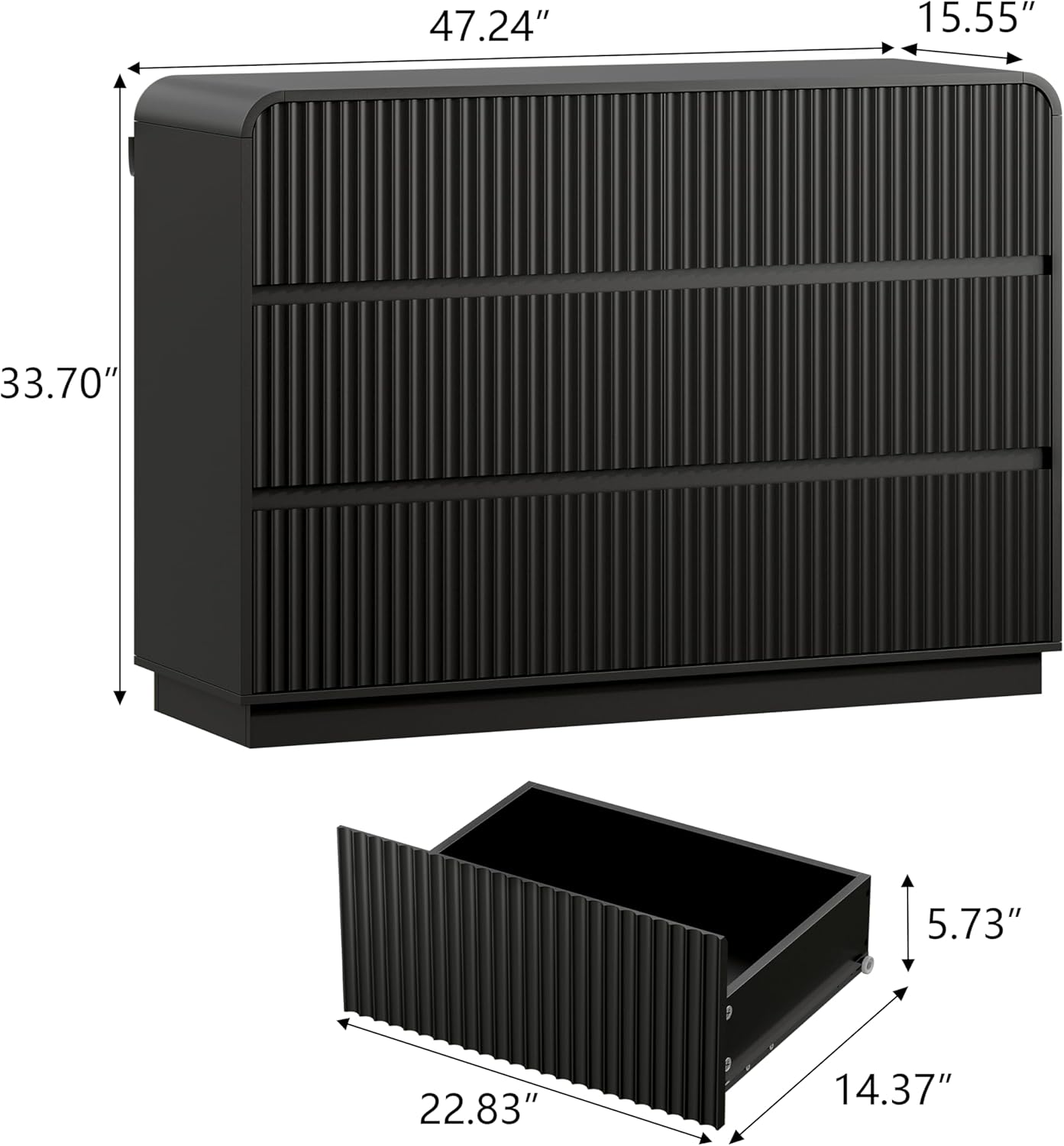 Black Dresser Fluted 6 Drawers Dresser for Bedroom, 47 Wide Wood Chest of Drawers with Hidden Handles & Rounded Corners, Modern TV Stand Storage Cabinet for Living Room, Hallway, Entryway