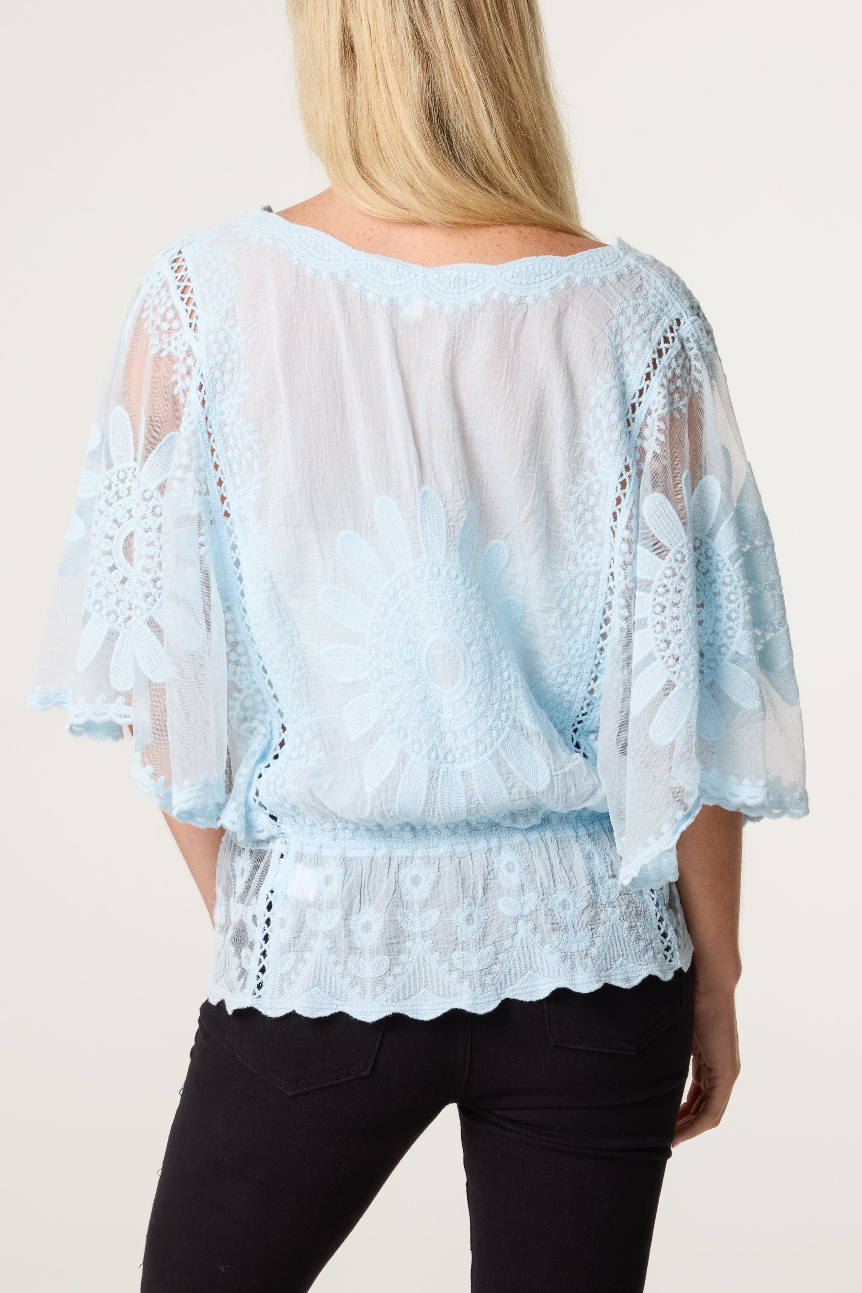 Blue Vanilla Light Blue Sun Flower Lace Sleeve Blouse