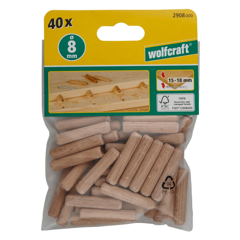 Tourillon en hêtre Ø 8 x 40 mm 40 pièces WOLFCRAFT