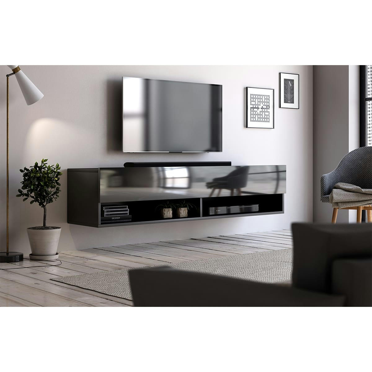 DERBY 140 - Meuble tv mural 1 porte 140 cm noir