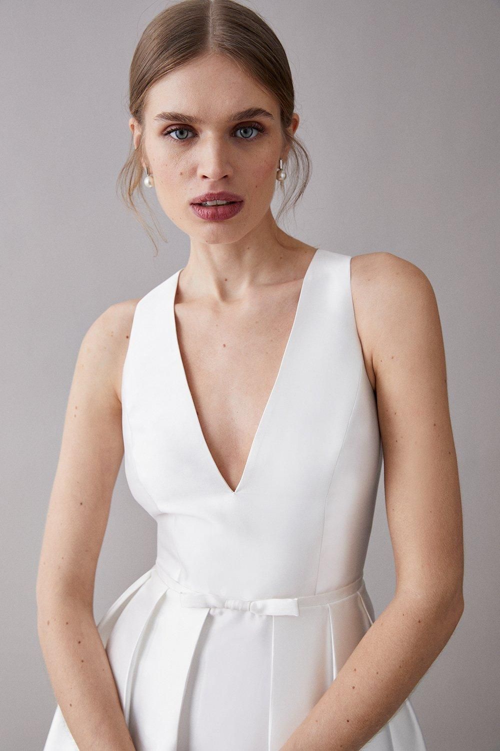 Coast Plunge Neck Bow Waist Twill Maxi Wedding Dress With Pockets