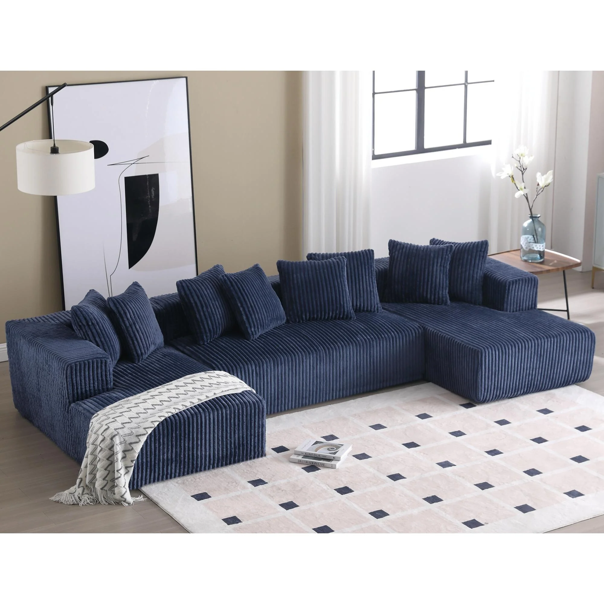U-shaped Floor Sectional Sofa Striped Corduroy Upholstered Recliner Couches with 2 Chaise Lounge and 8 Toss Pillows