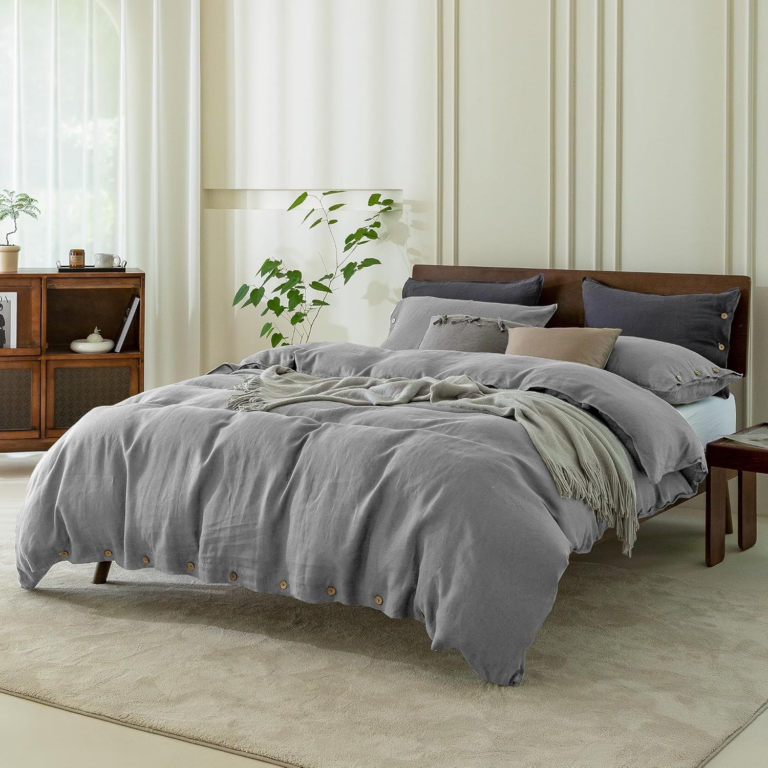 EVERLY 100% Pure Linen Duvet Cover Set Queen Size 90X90Inch 3pcs (1 Duvet Cover,2 Pillowcases) Soft and Breathable for All Season with Coconut Button Closure, Suitable for Hot Sleepers-Grey