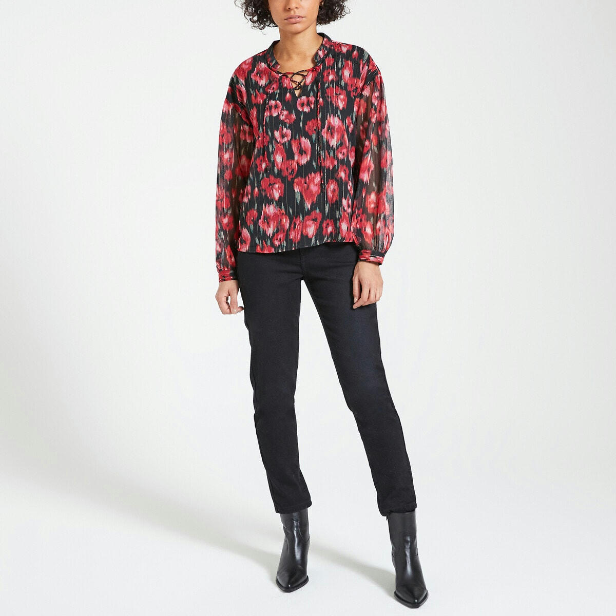 Blouse, col rond, manches longues, imprimé floral